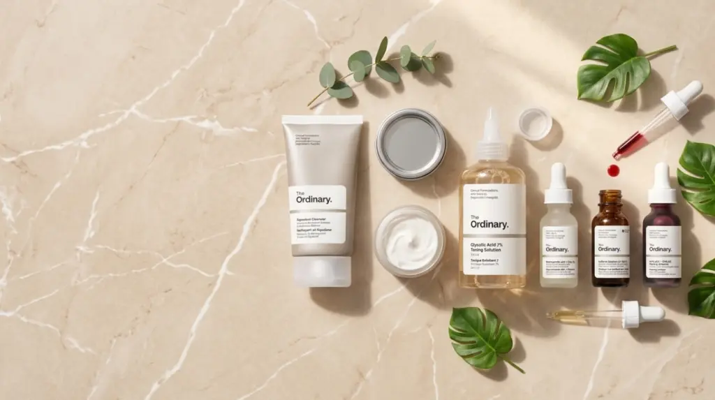 the ordinary skincare products arranged on beige marble surface with green leaves
