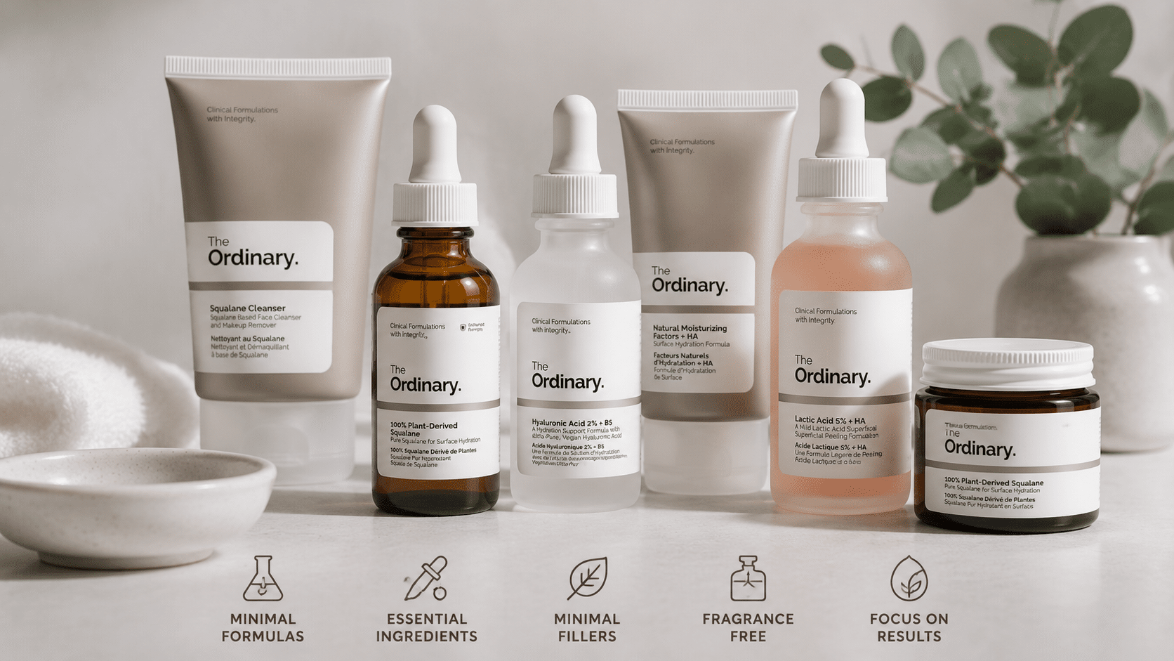 the ordinary skincare products with minimalist fragrance free formulas arranged on a clean vanity surfa