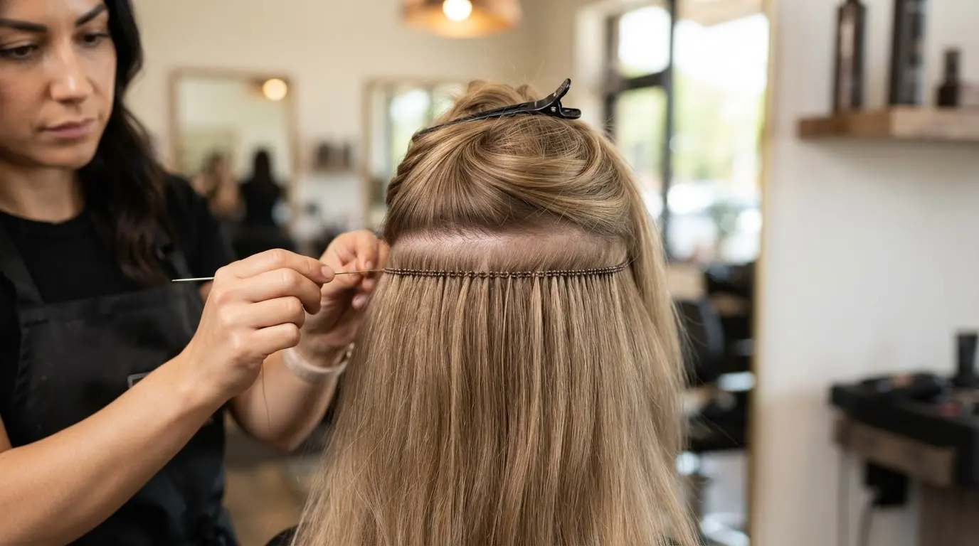 thin genius or hand tied weft installed on fine hair using a discreet beaded row at the back of head