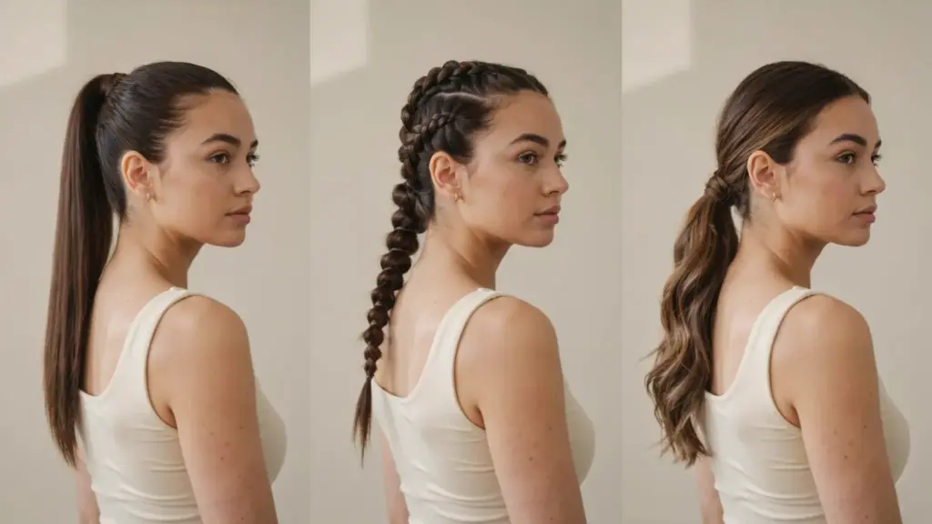 three ponytail hairstyles showing sleek high ponytail braided ponytail and low wavy ponytail styles