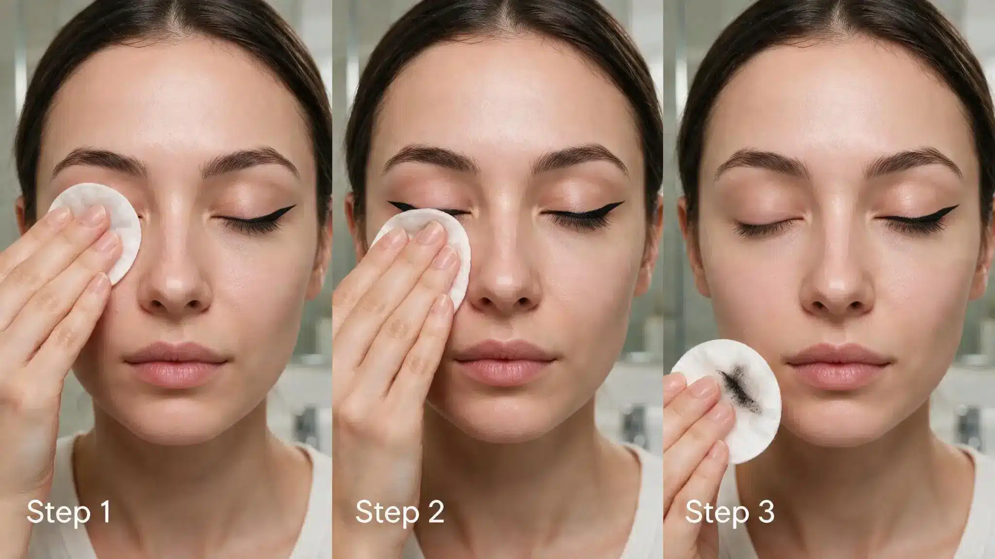 three step guide showing gentle winged eyeliner removal with a cotton pad and clean eyelid
