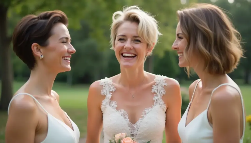 three wedding guests laughing together with natural pixie bob hairstyles outdoors