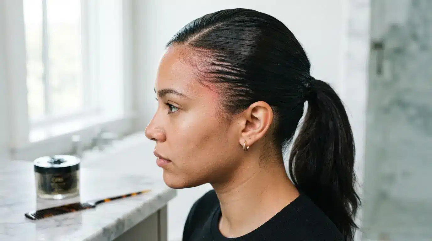 tight slick back hairstyle showing hairline tension from daily styling and pulled back hair stress