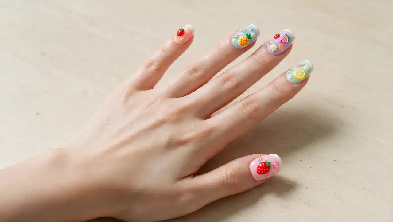 tiny fruit charm nails with cute colorful summer decorations