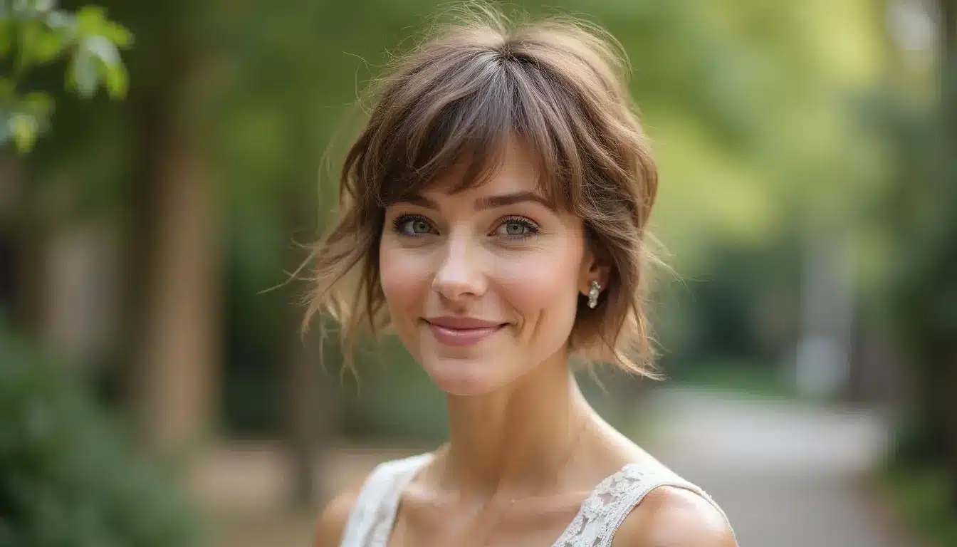 tousled pixie bob haircut with soft messy layers and natural texture for wedding guest style