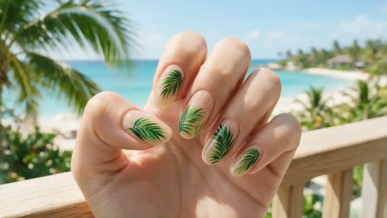 tropical palm leaf nails with green vacation inspired nail art