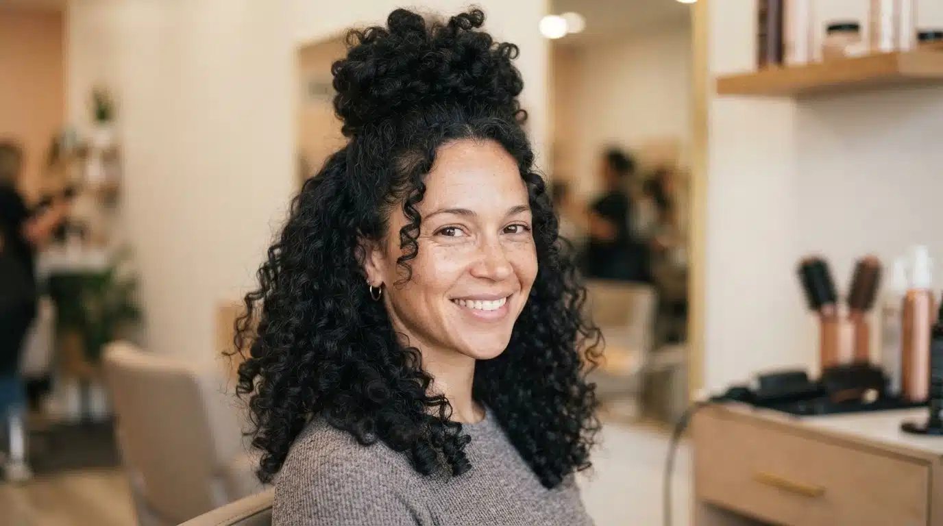 twist out half up look with defined black curls in salon setting