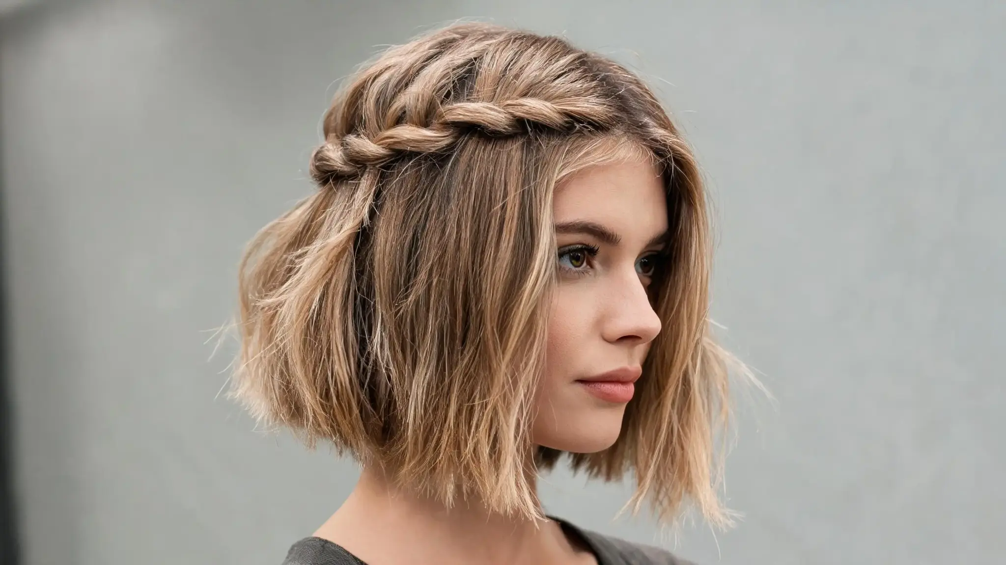 twisted half up hairstyle on chin length bob hair with soft texture and natural volume