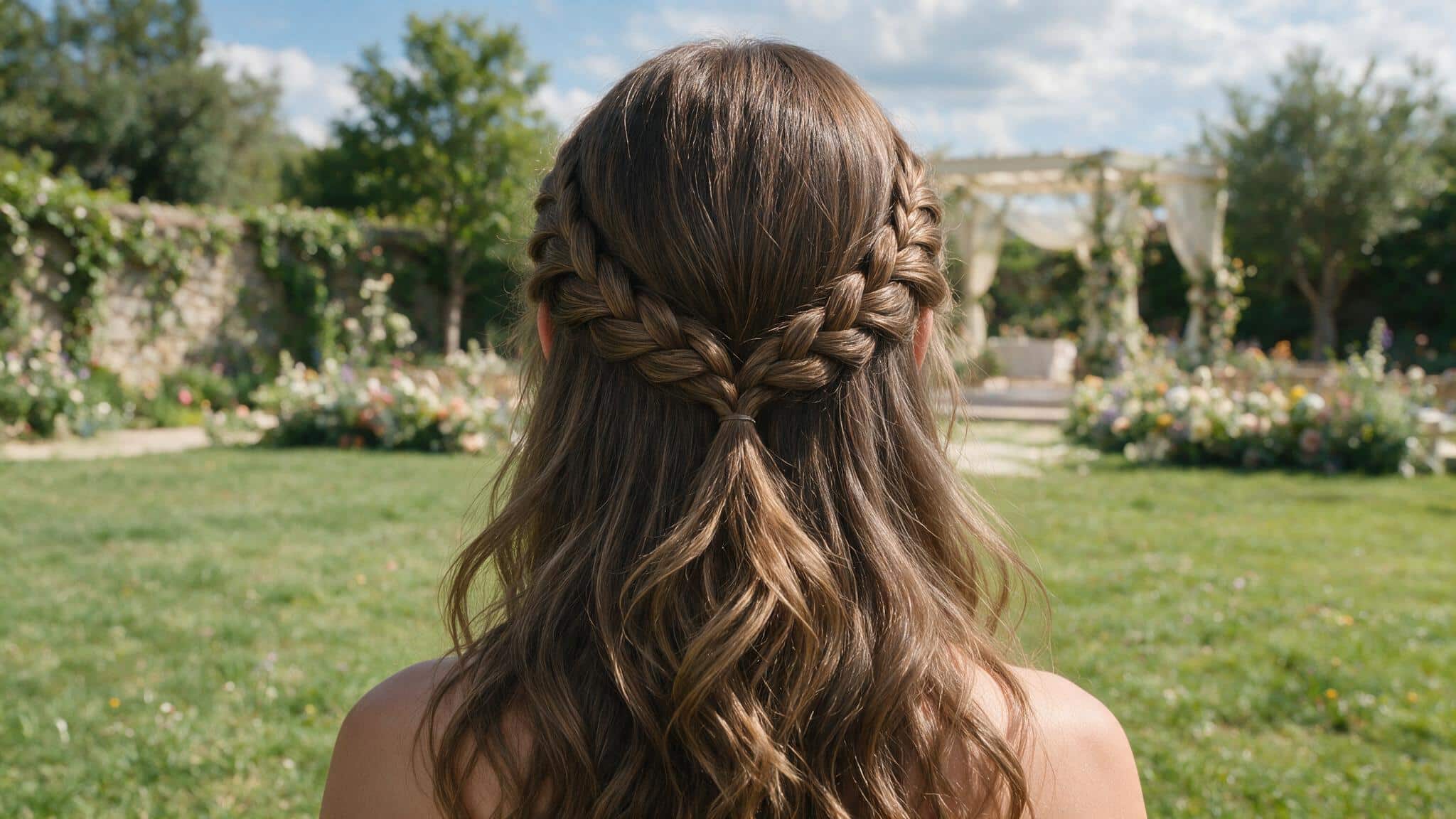 twisted half up wedding hairstyle with soft side sections joined below the crown