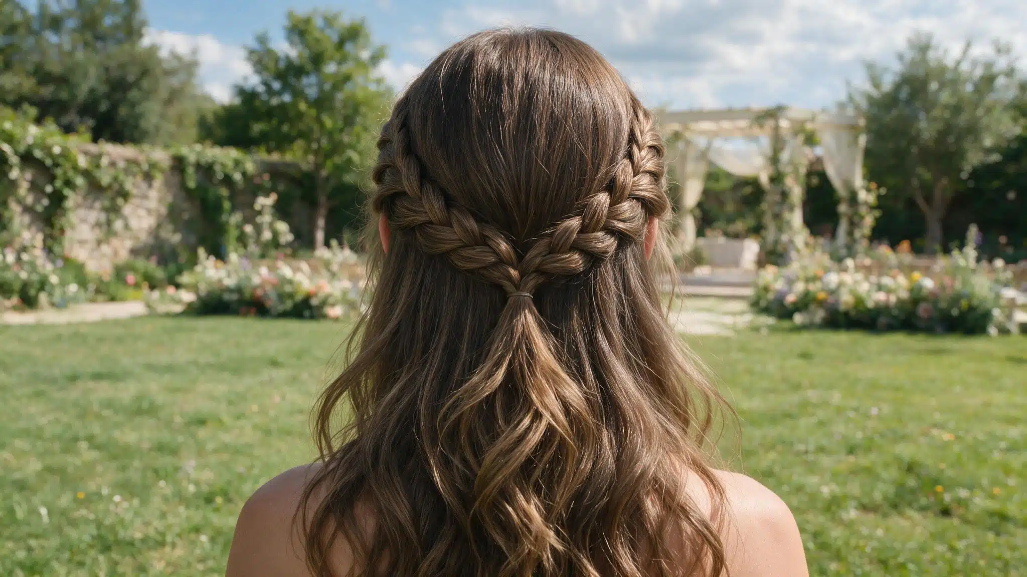twisted half up wedding hairstyle with soft side sections joined below the crown