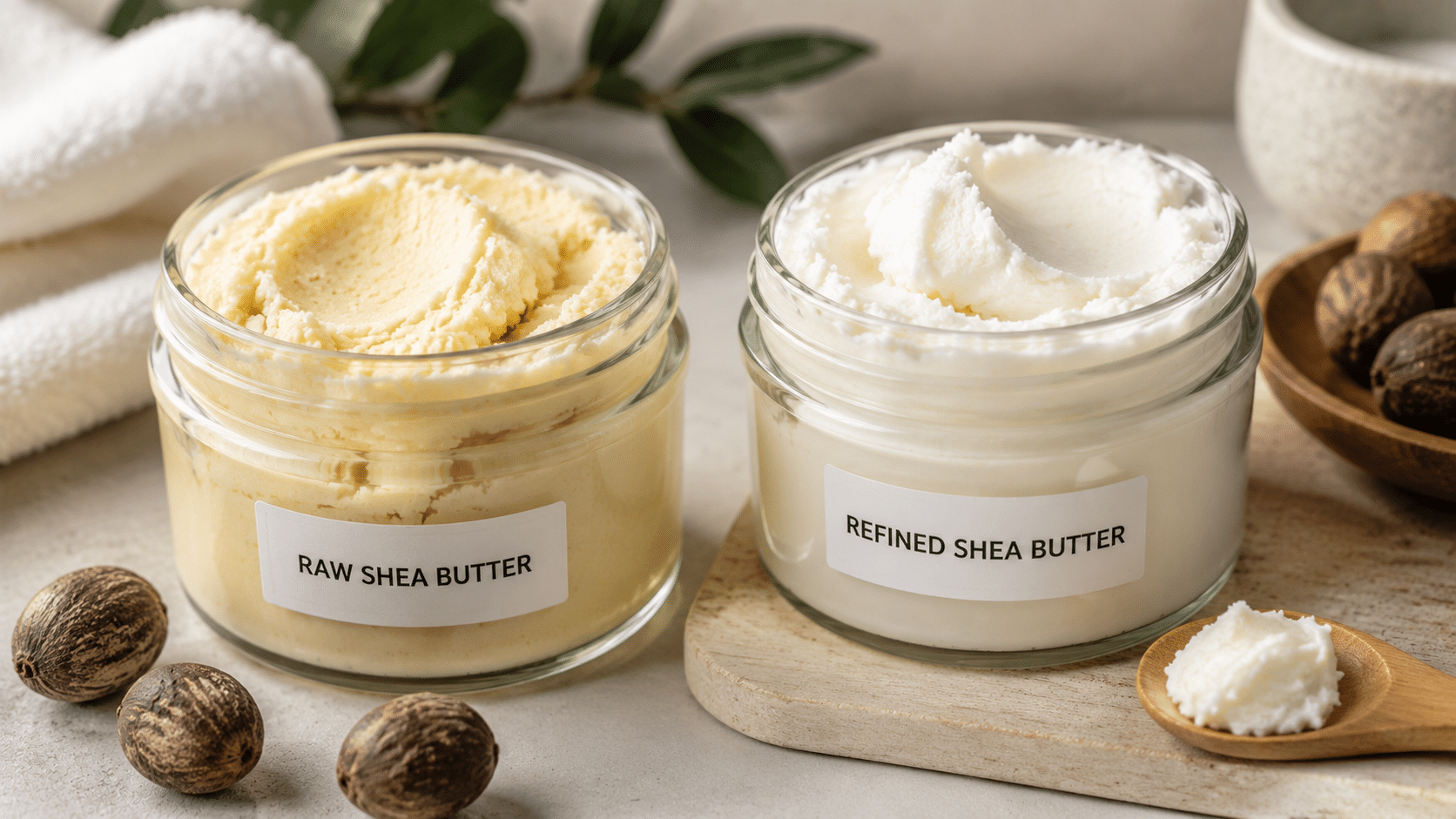 two jars showing raw and refined shea butter with different colors and textures