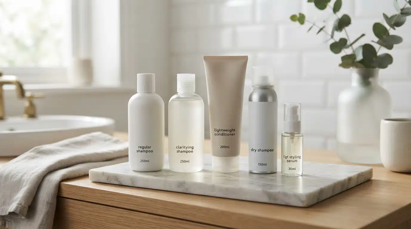 unbranded greasy hair care products arranged on a slab in a simple washroom