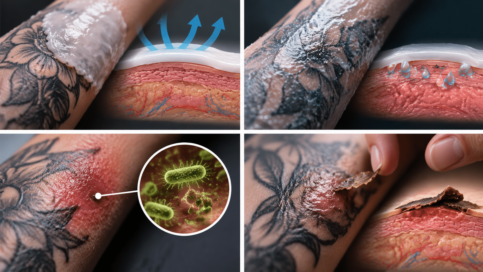 vaseline tattoo aftercare collage showing petroleum jelly use, skin healing, and tattoo care steps