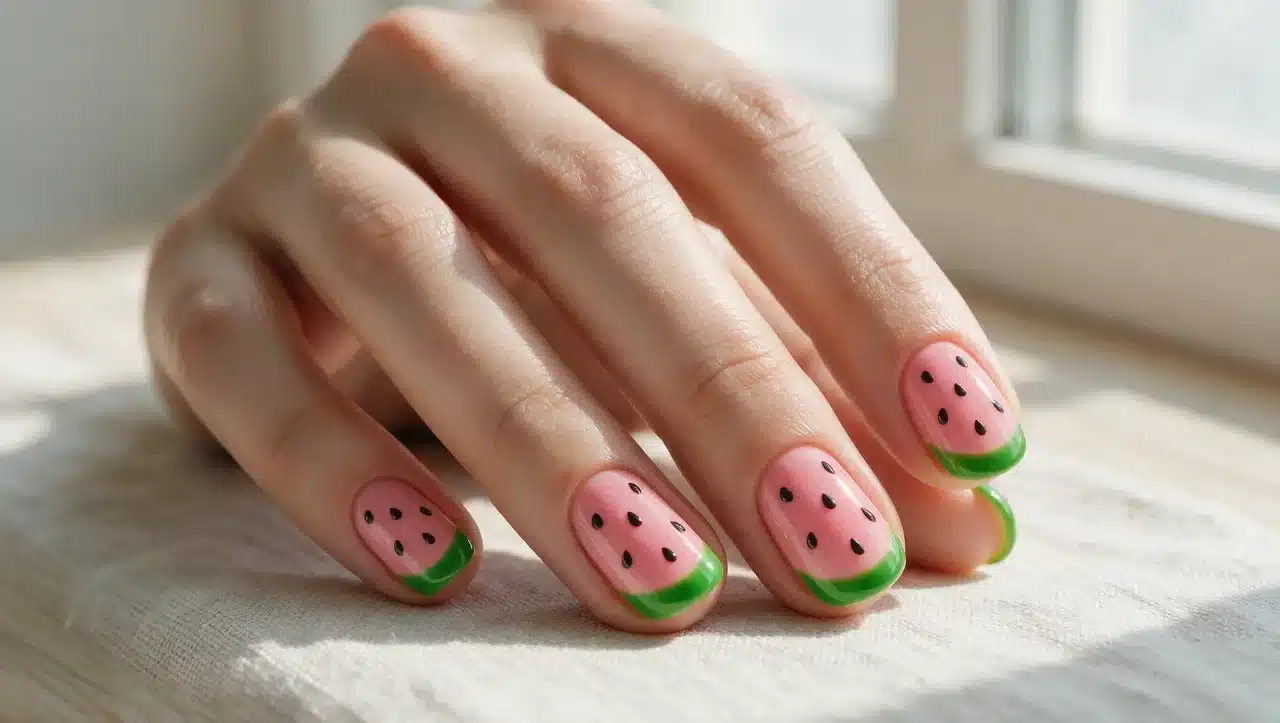 watermelon french tip nails with pink green fruit inspired details