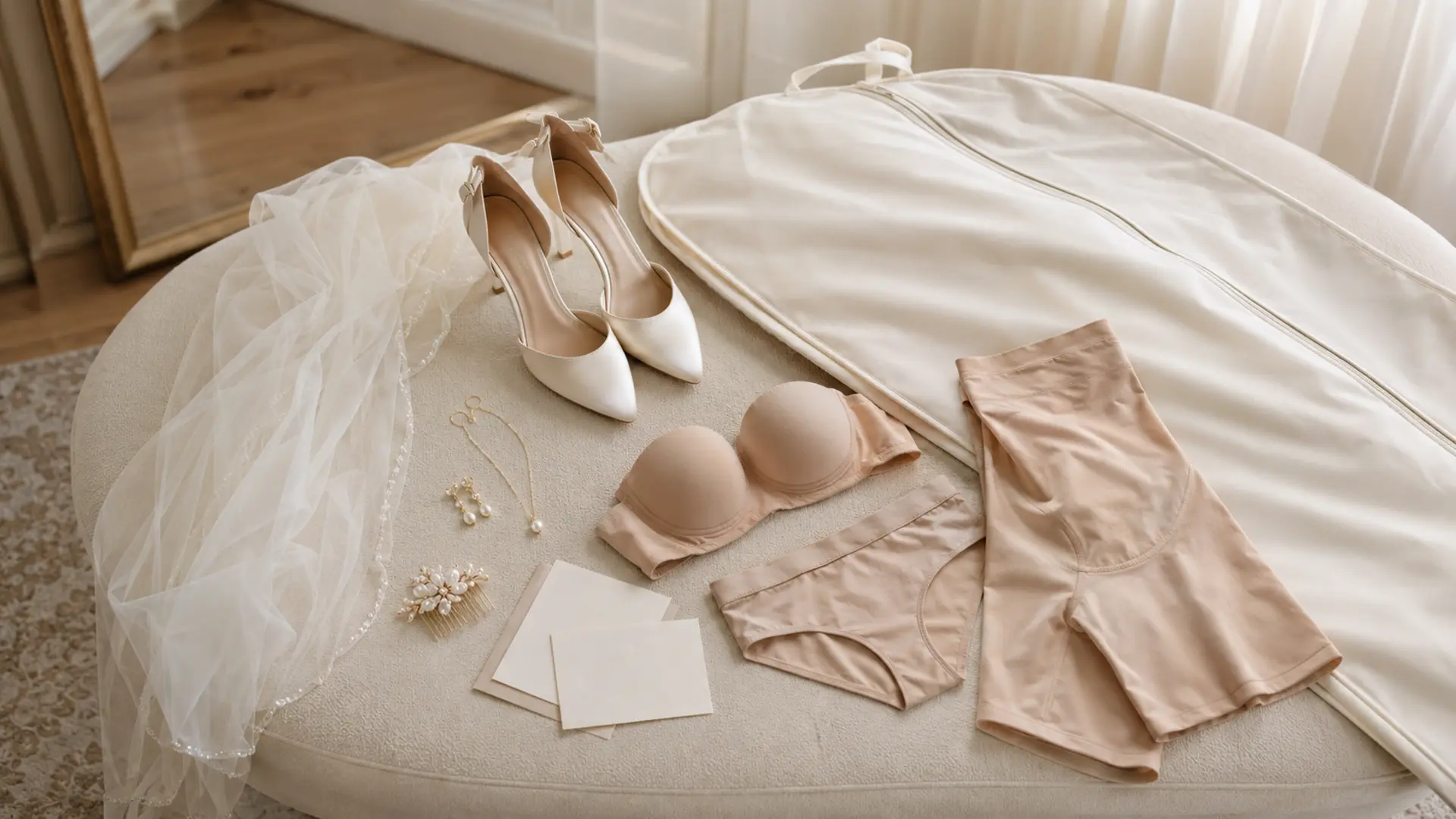 wedding dress fitting essentials like heels cards etc flat lay