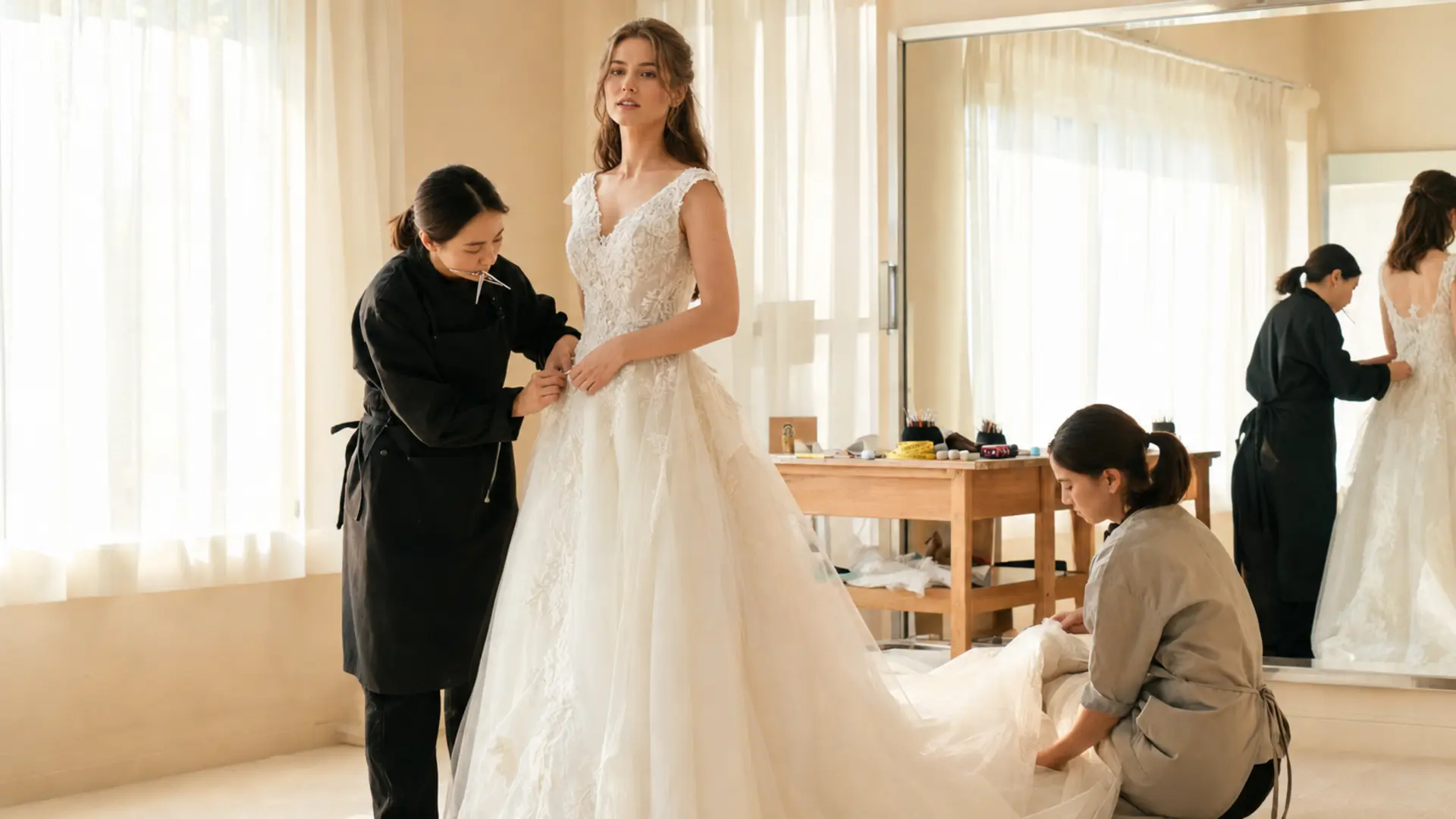 wedding dress fitting of an american bride in a white dress