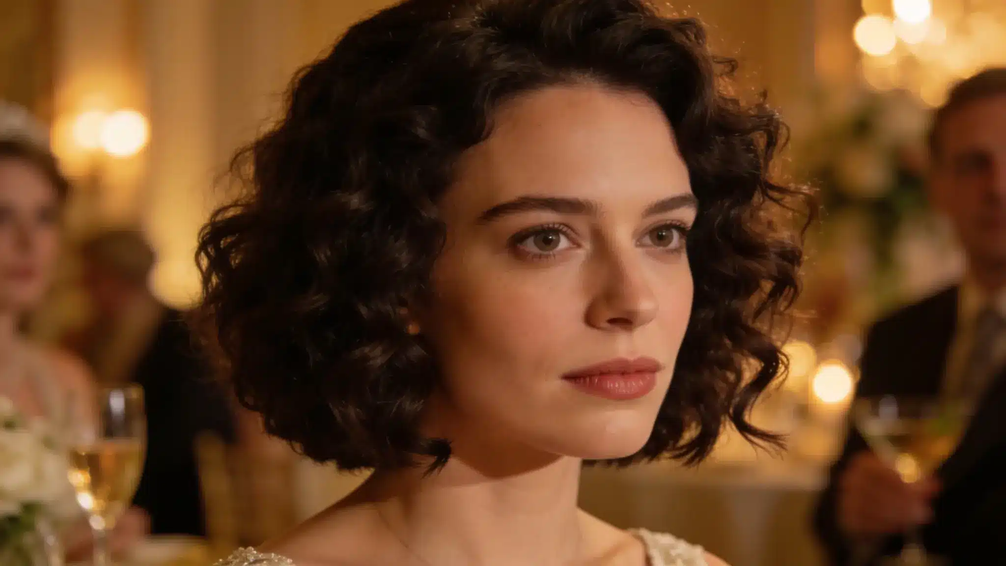 wedding guest wearing a defined curly bob with lifted roots and a balanced rounded shape