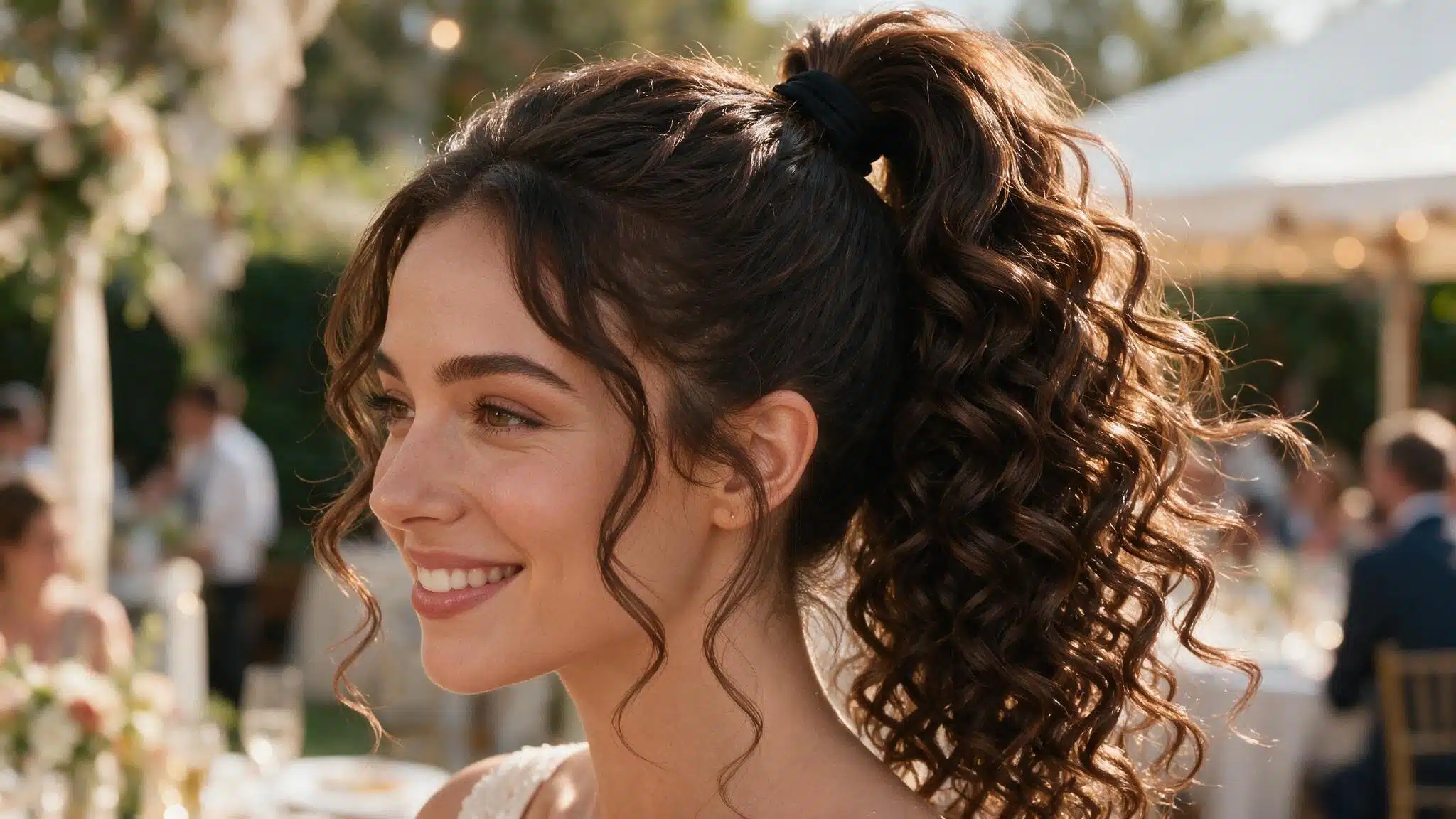 wedding guest wearing a high ponytail filled with defined natural curls