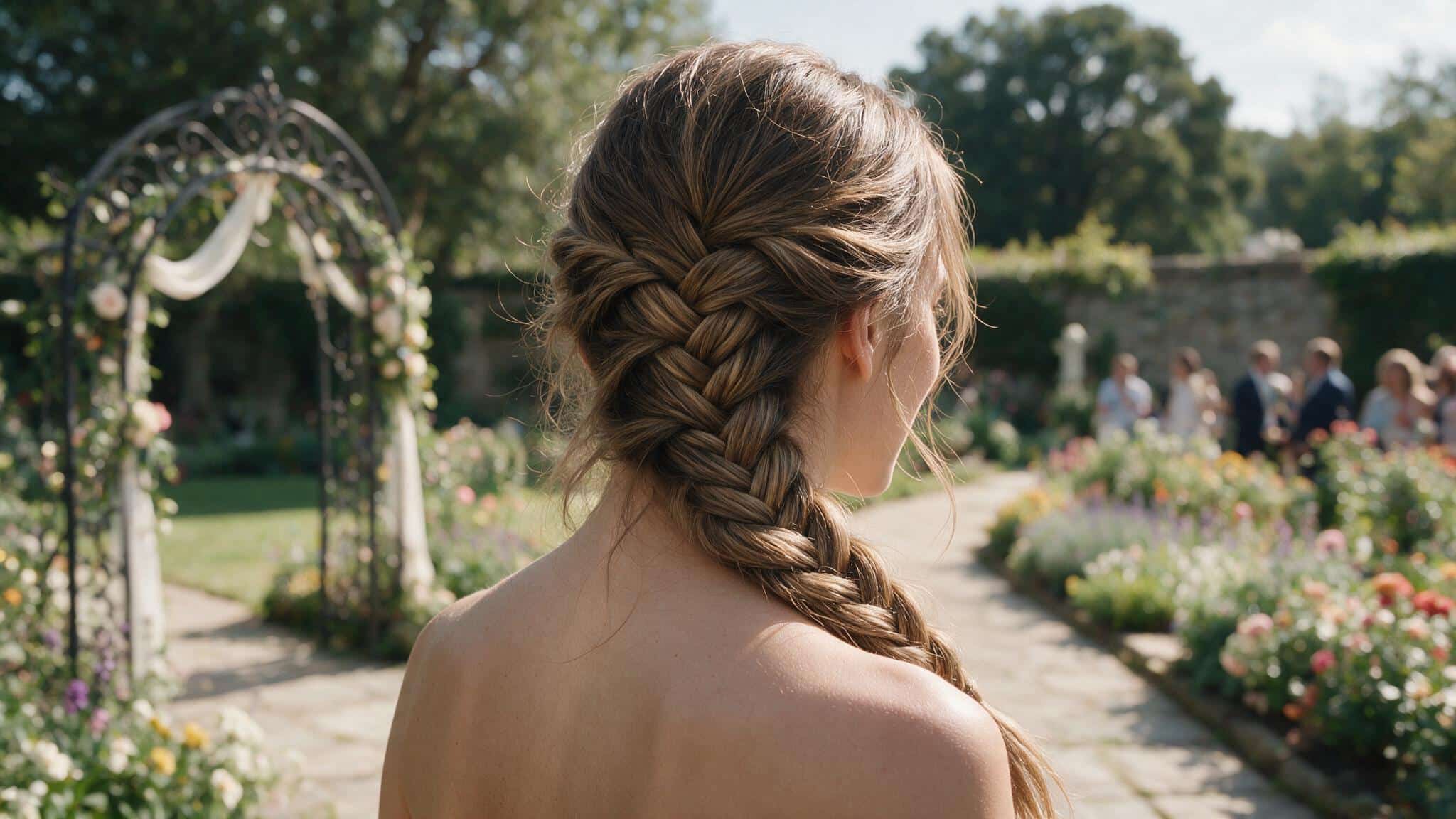 wedding guest wearing a loose fishtail braid with gently widened textured sections