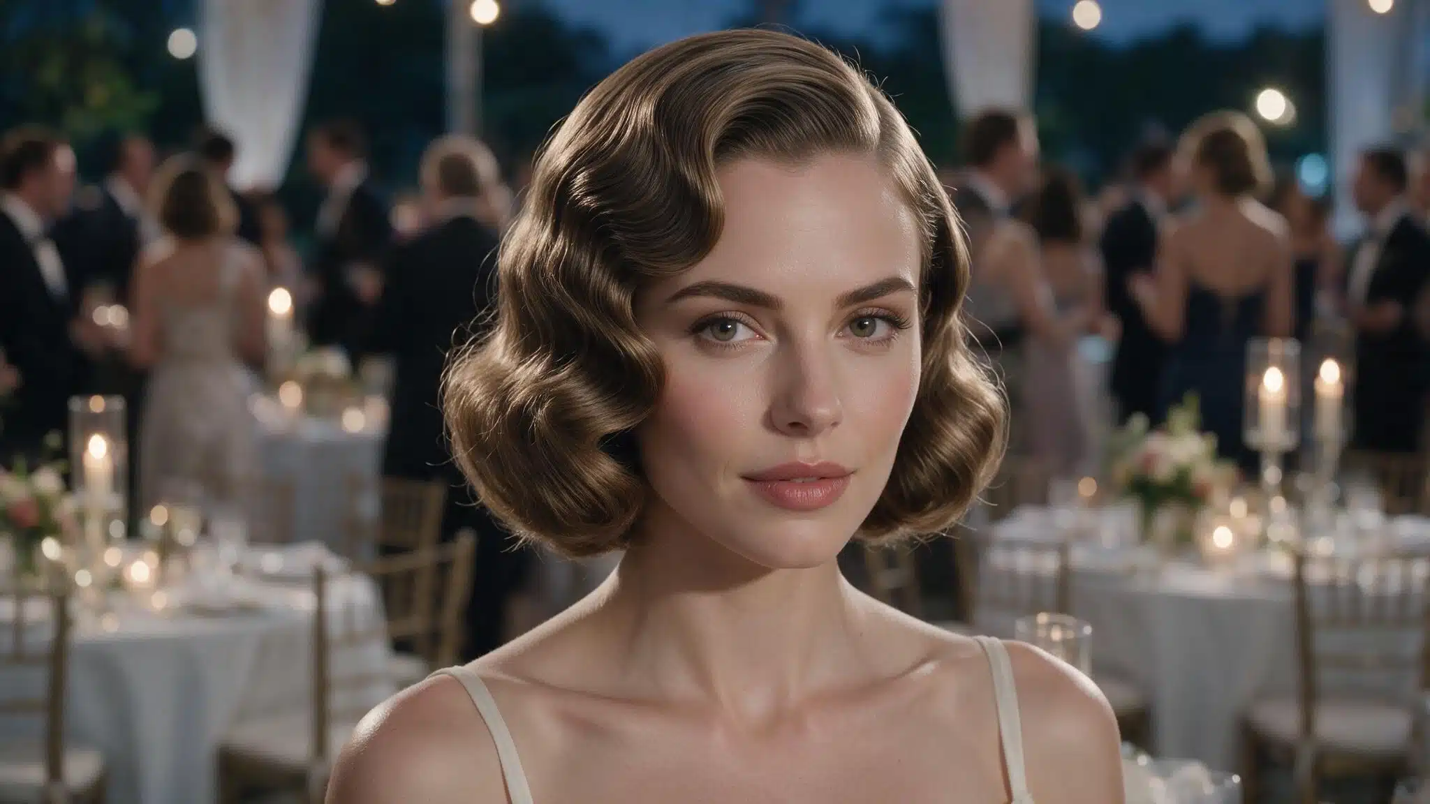 wedding guest wearing a short vintage bob shaped into smooth finger waves