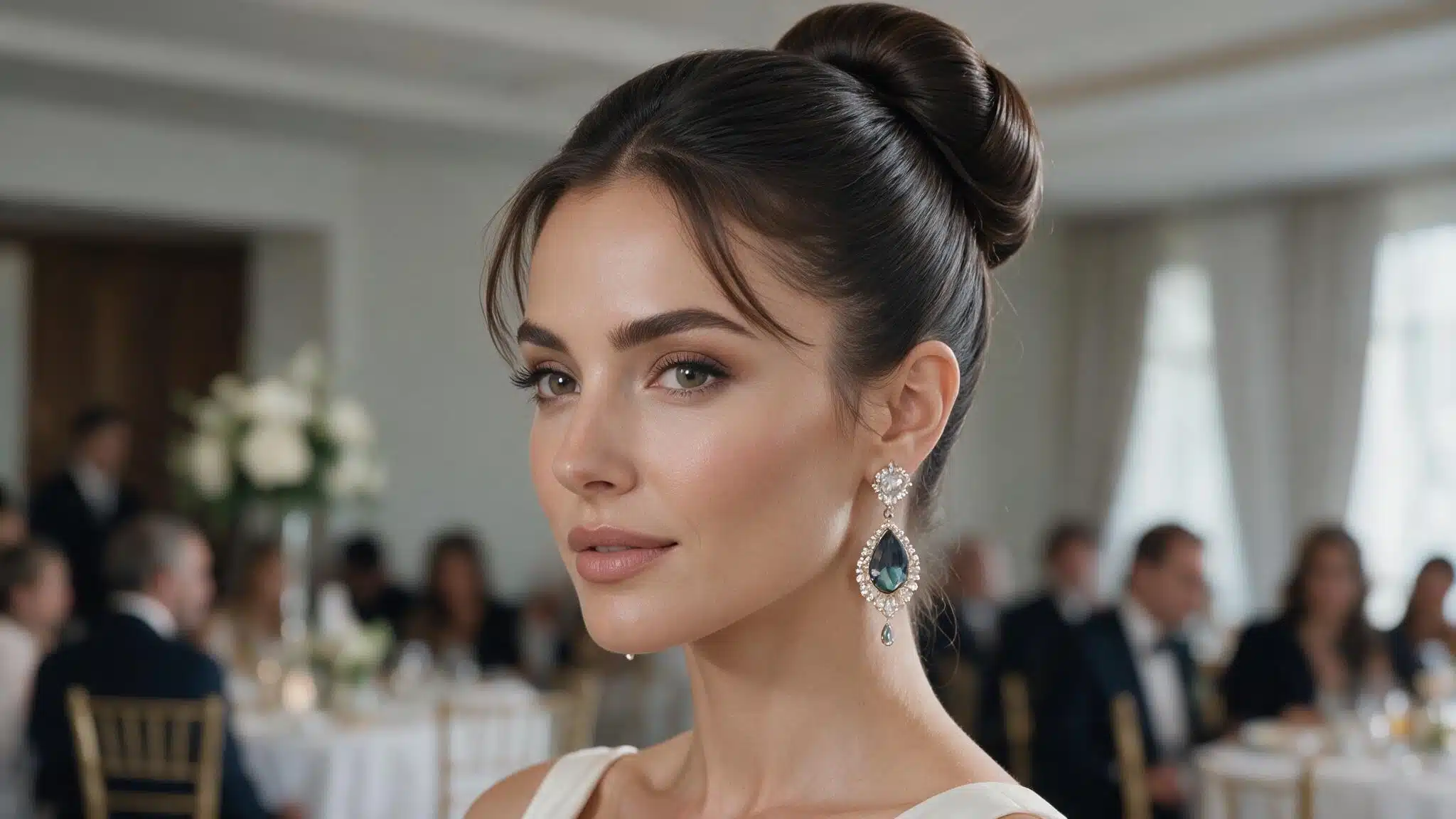 wedding guest wearing a smooth high bun with a clean finish and softly controlled hairline