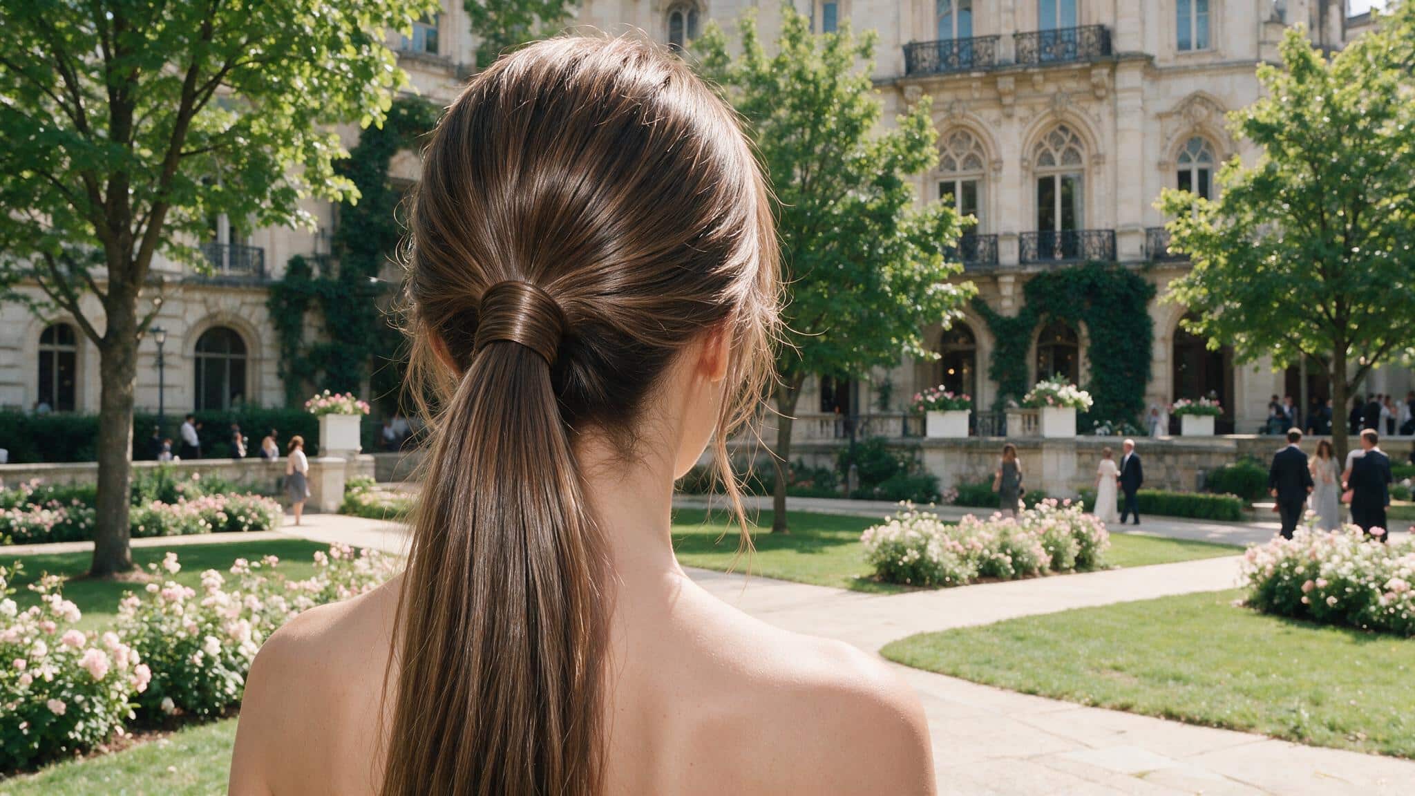 wedding guest wearing a smooth low ponytail with hair wrapped around the base
