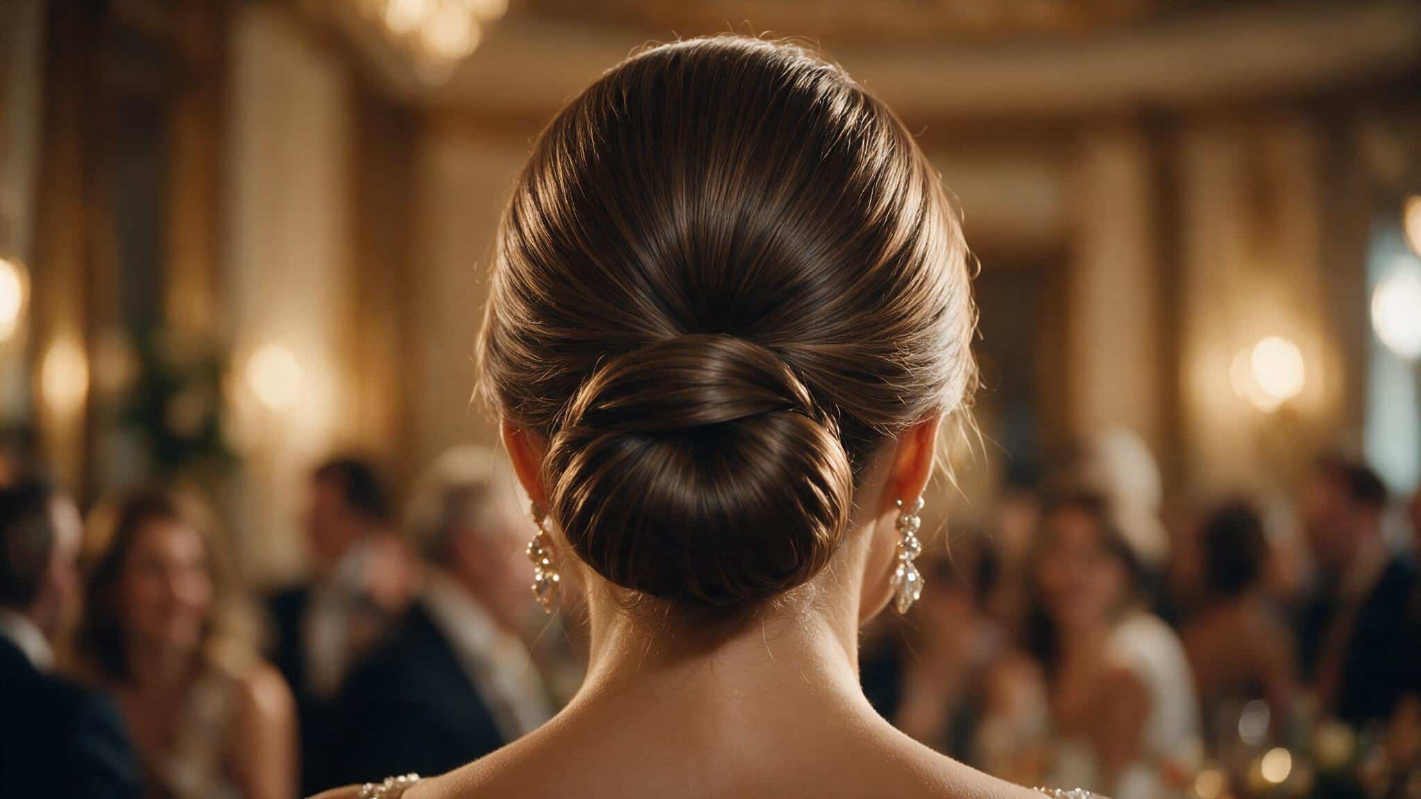 wedding guest wearing a smooth sculpted low chignon with neatly secured hair at the nape