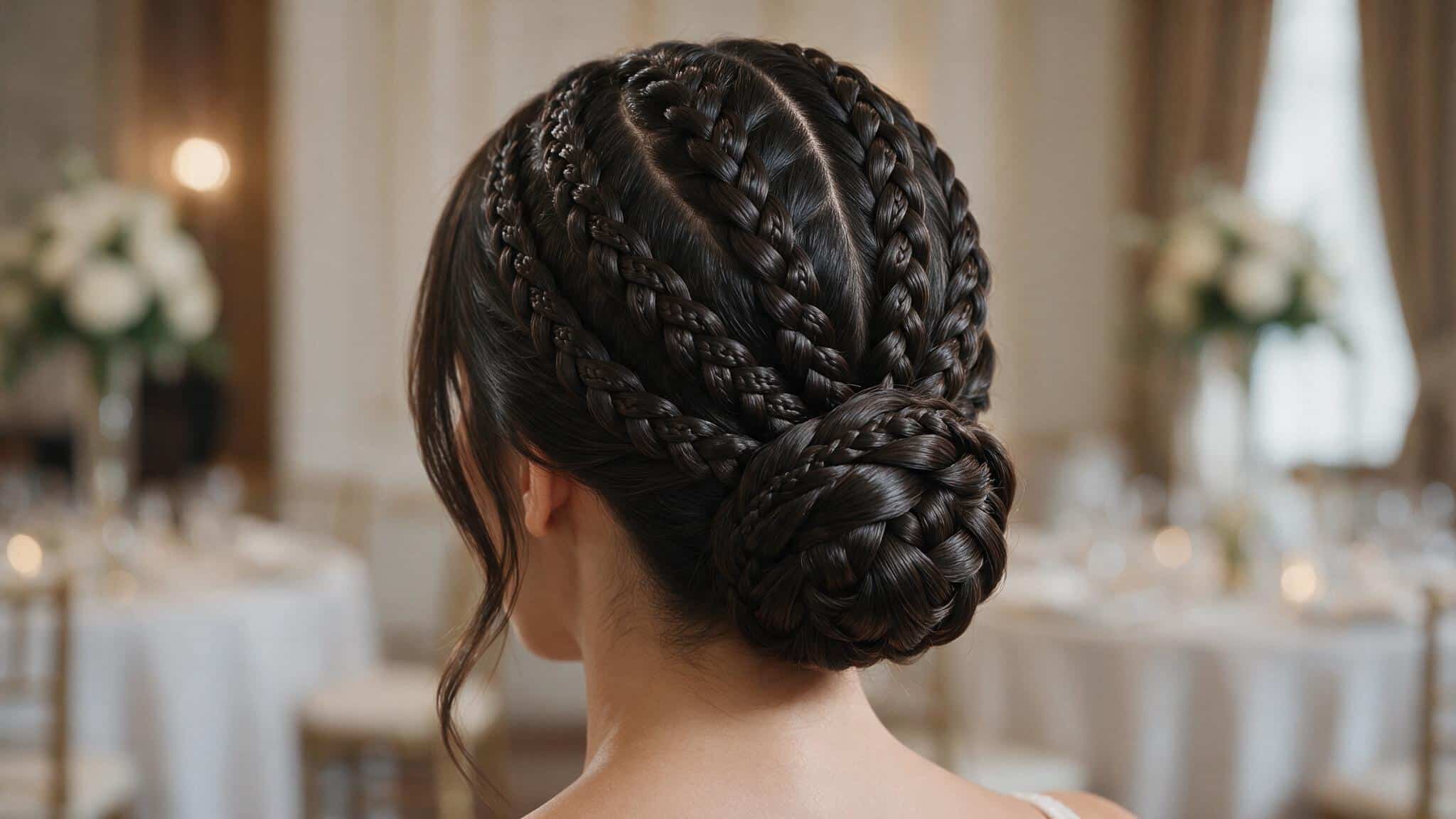 wedding guest wearing a textured braided low bun wrapped securely at the nape