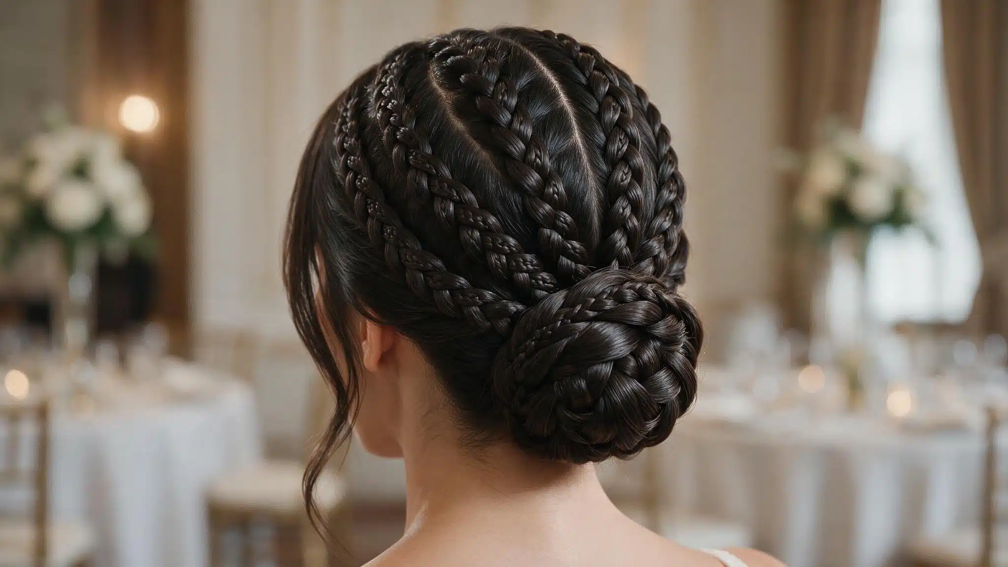 wedding guest wearing a textured braided low bun wrapped securely at the nape