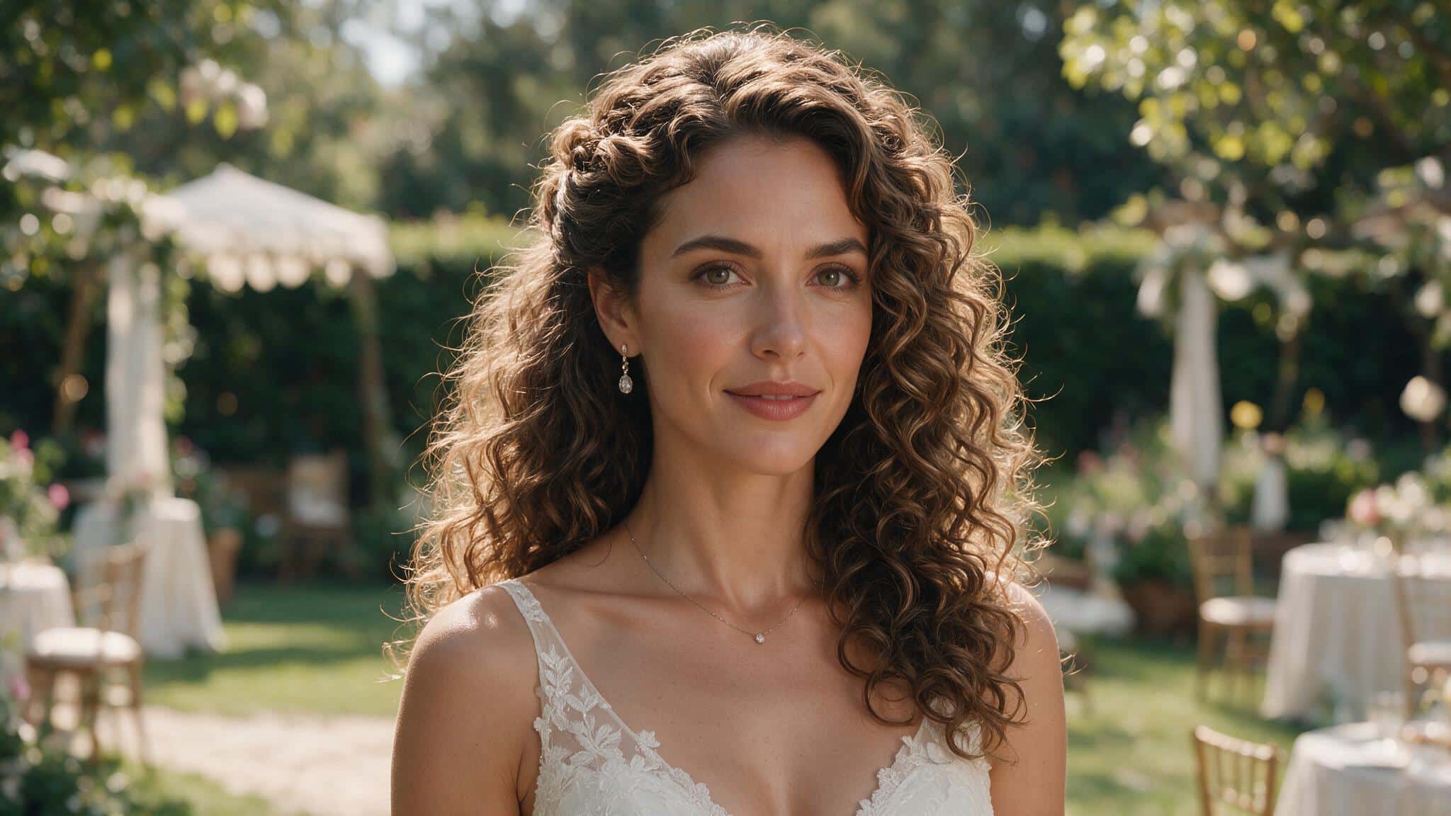 wedding guest wearing full brushed natural curls with one side pinned away from her face