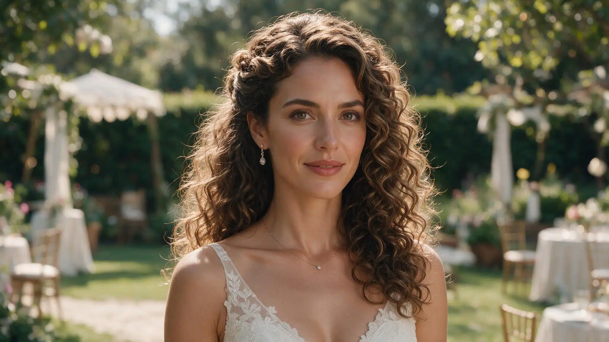 wedding guest wearing full brushed natural curls with one side pinned away from her face