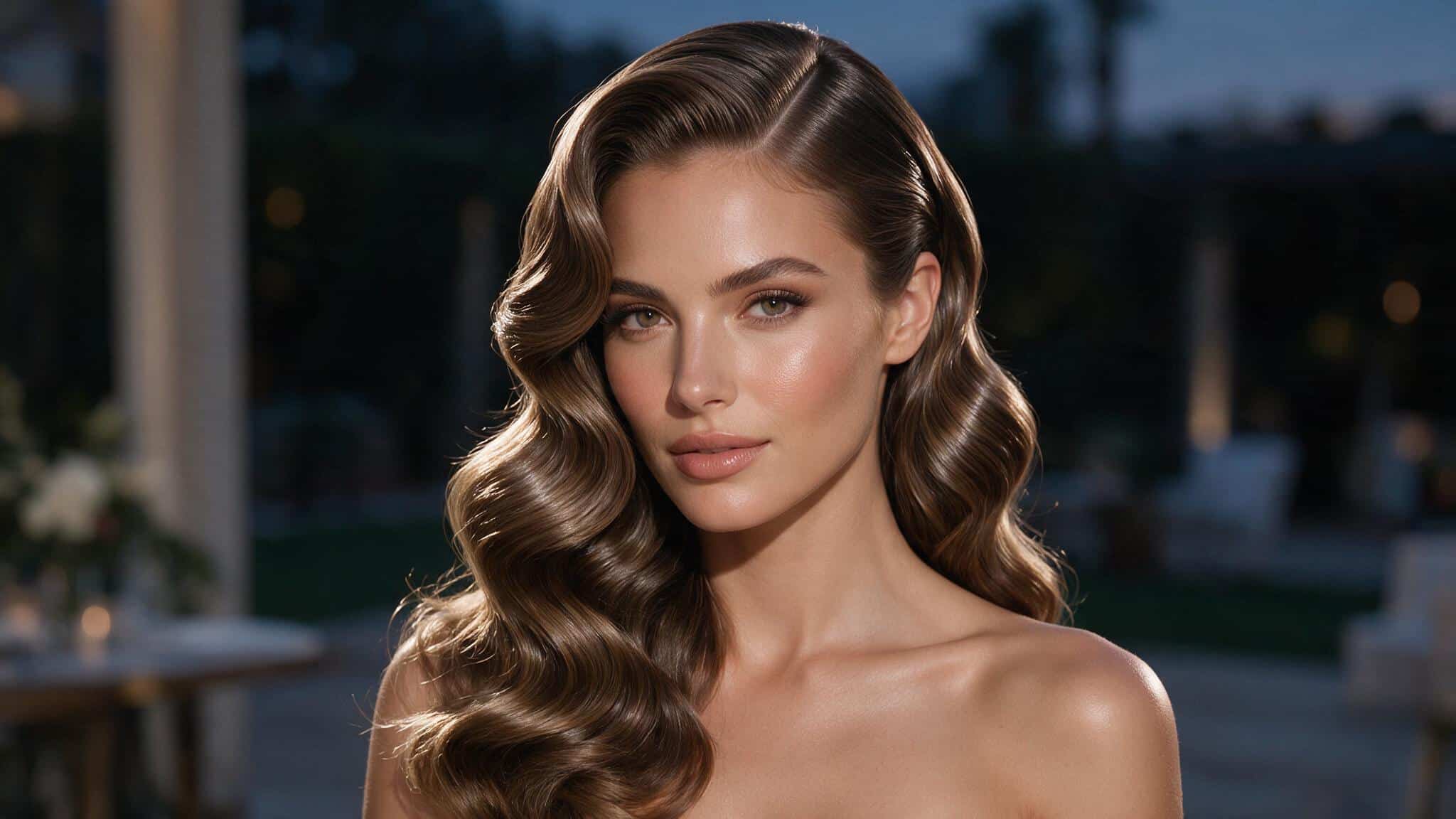 wedding guest wearing smooth hollywood waves swept over one shoulder with a deep side part