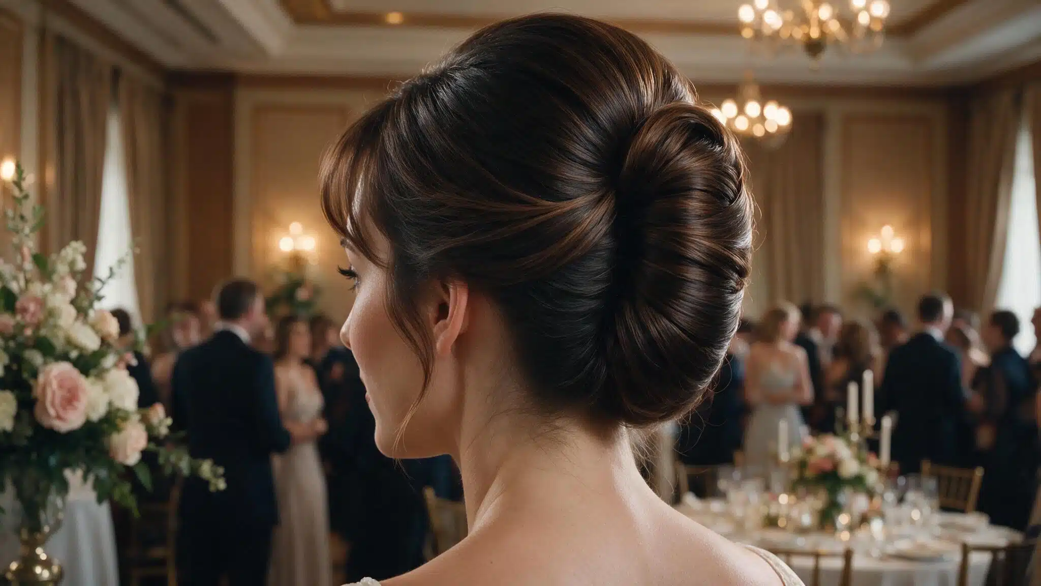wedding guest with a classic french twist secured vertically along the back of her head