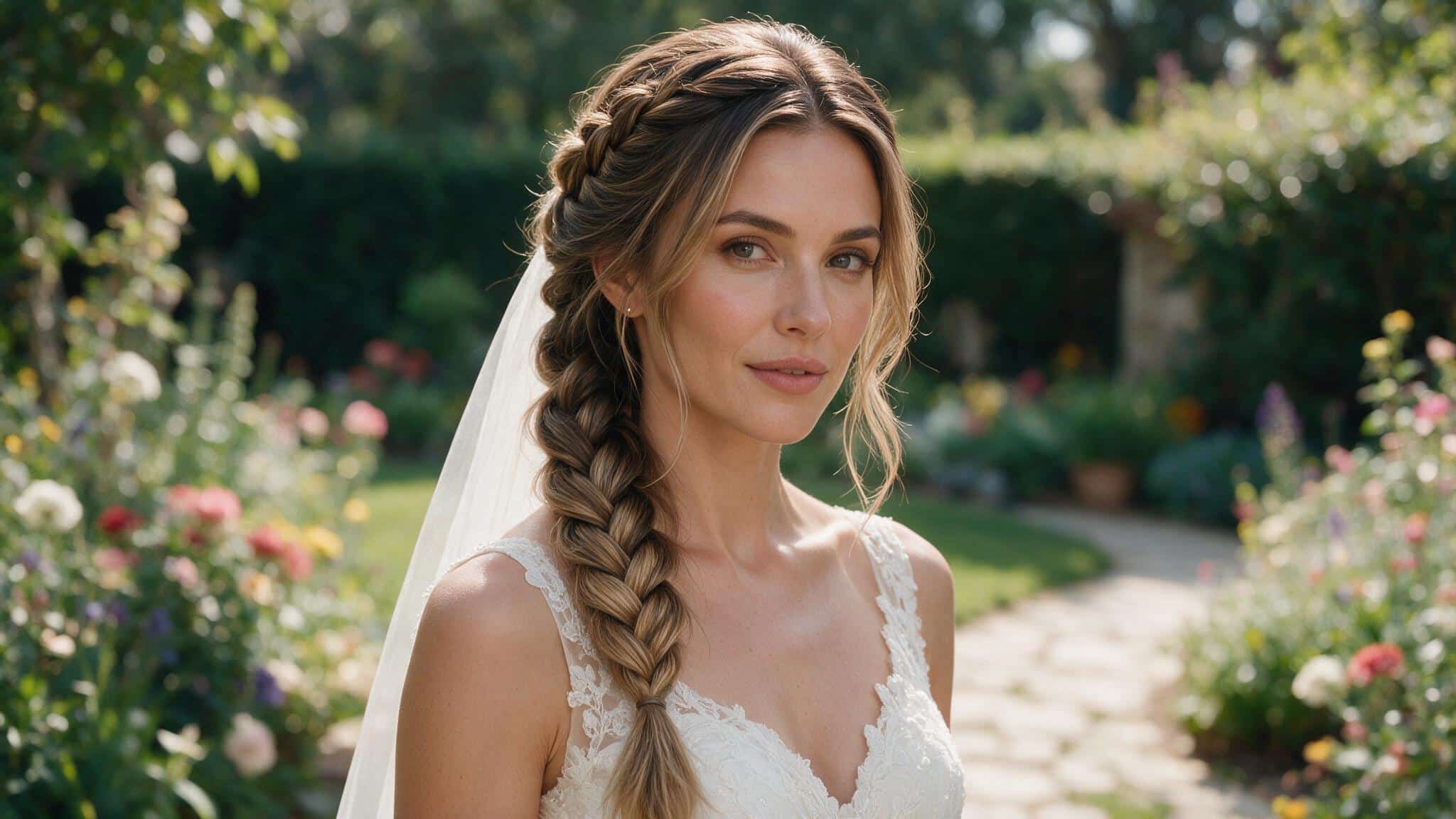 wedding guest with a loose side braid resting softly over one shoulder