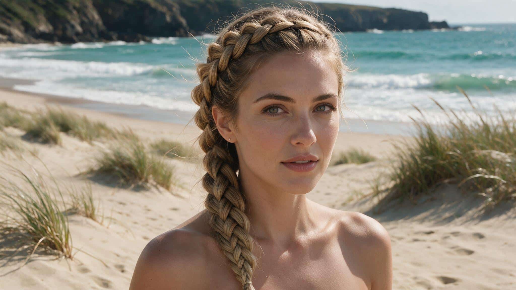 wedding guest with a side swept dutch braid running diagonally over one shoulder
