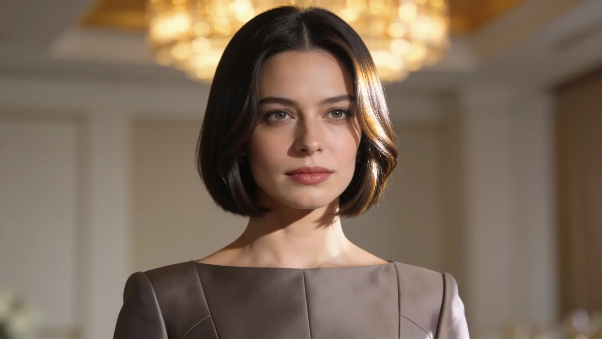 wedding guest with a sleek chin length bob and softly turned inward ends