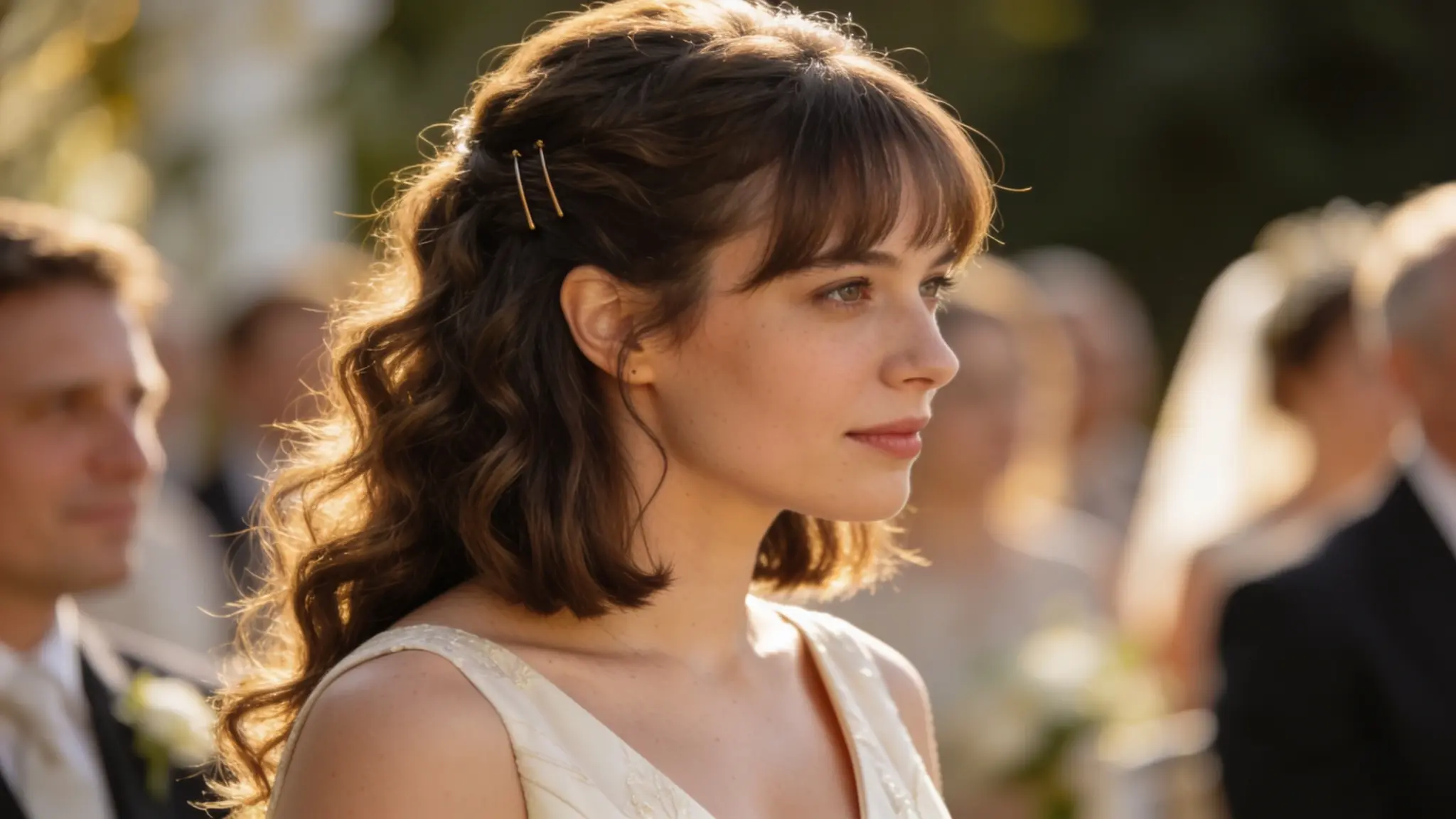 wedding guest with a softly waved lob pinned neatly behind one ear