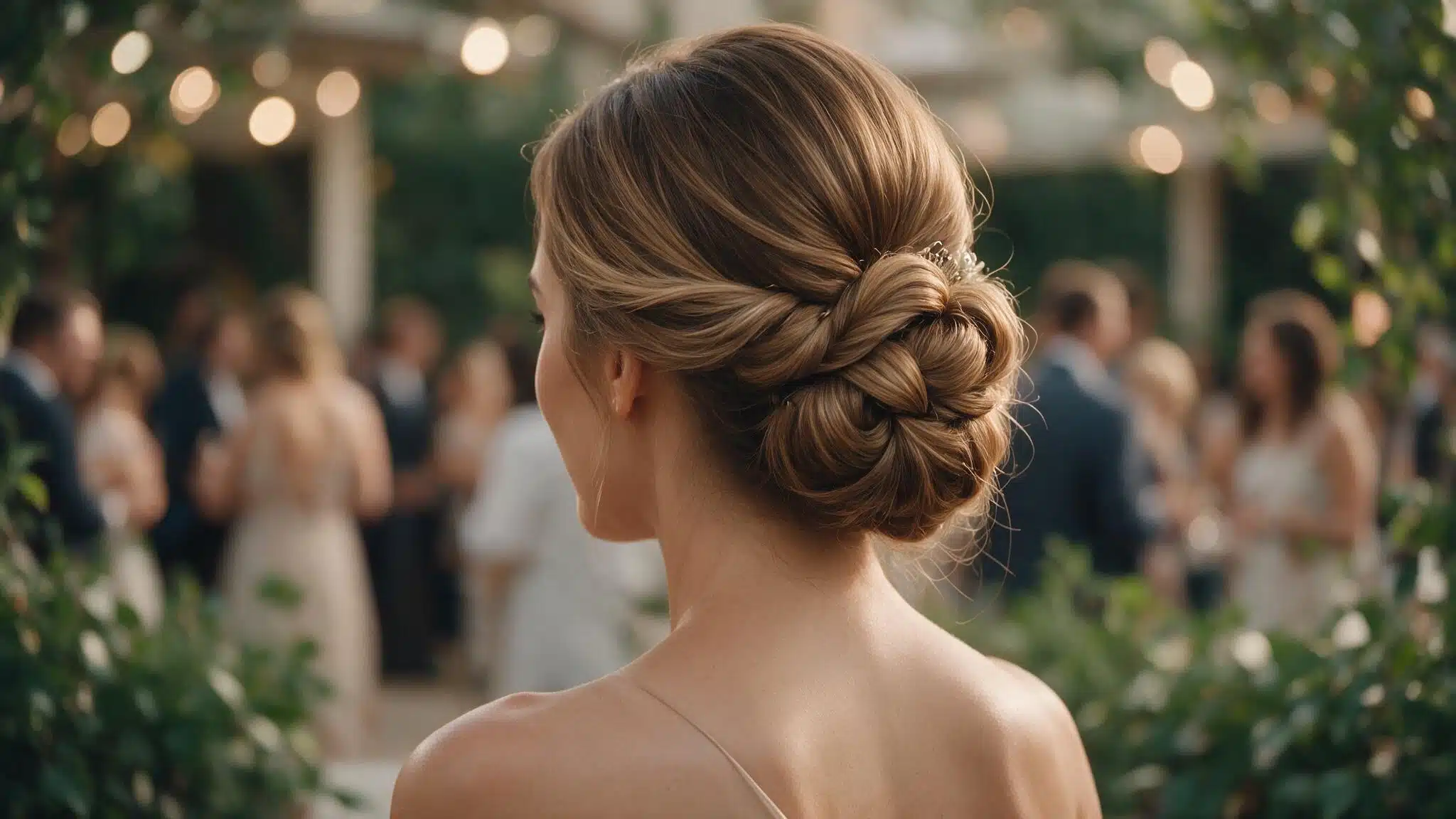 wedding guest with a twisted side chignon placed behind one ear for a formal event