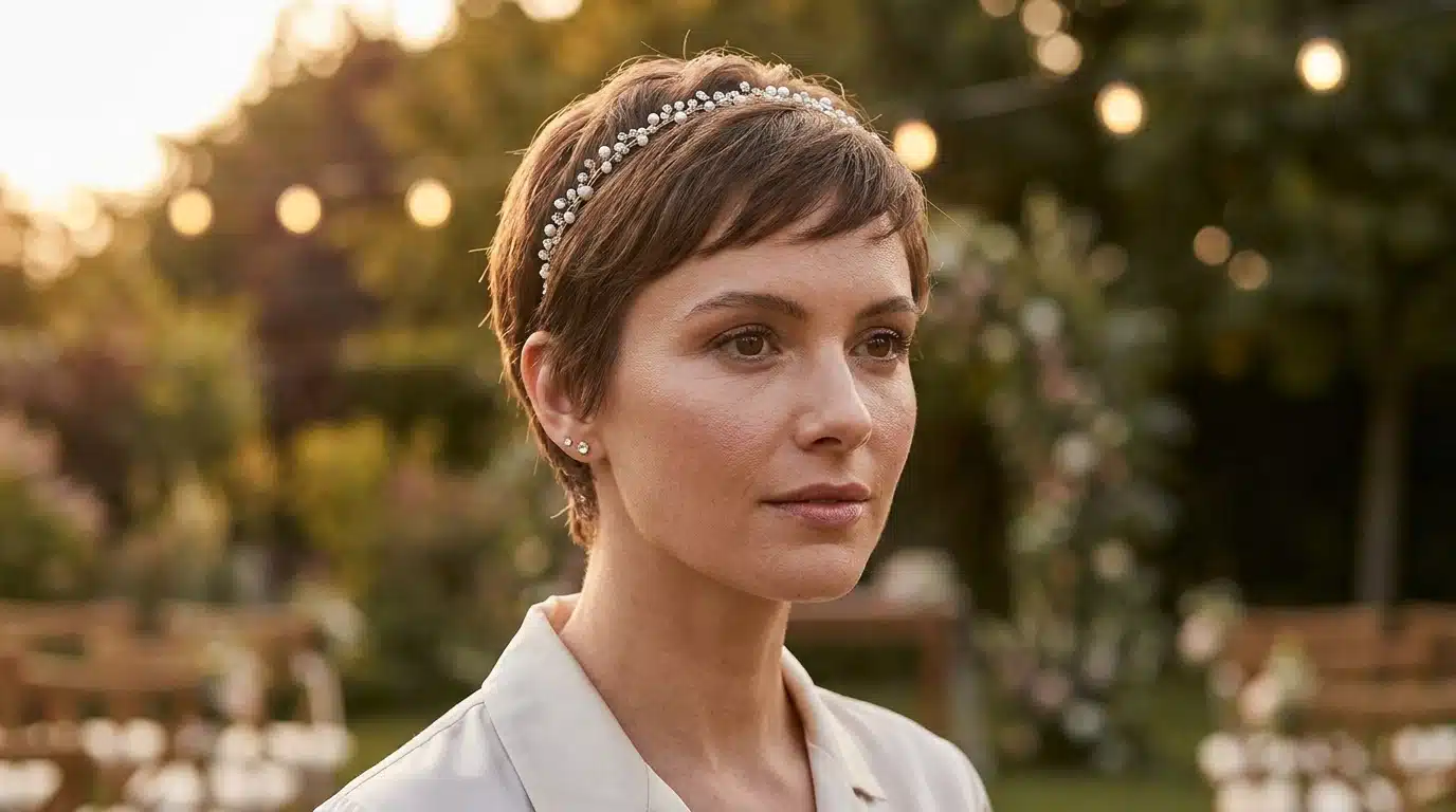 wedding guest with short pixie and pearl headband posing outdoors during a softly lit garden wedding reception lawn