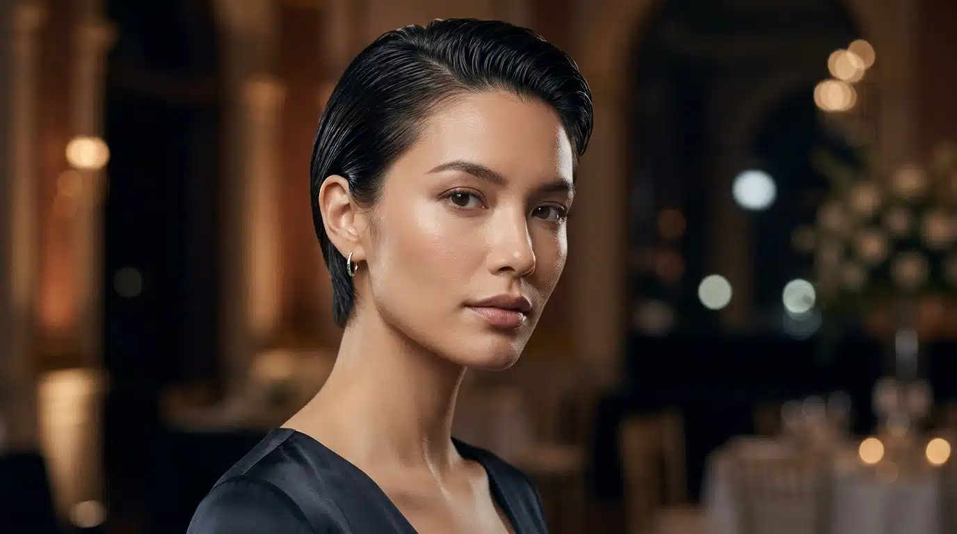 wedding guest with sleek wet look short hair wearing a black dress inside a warmly lit evening reception venue hall