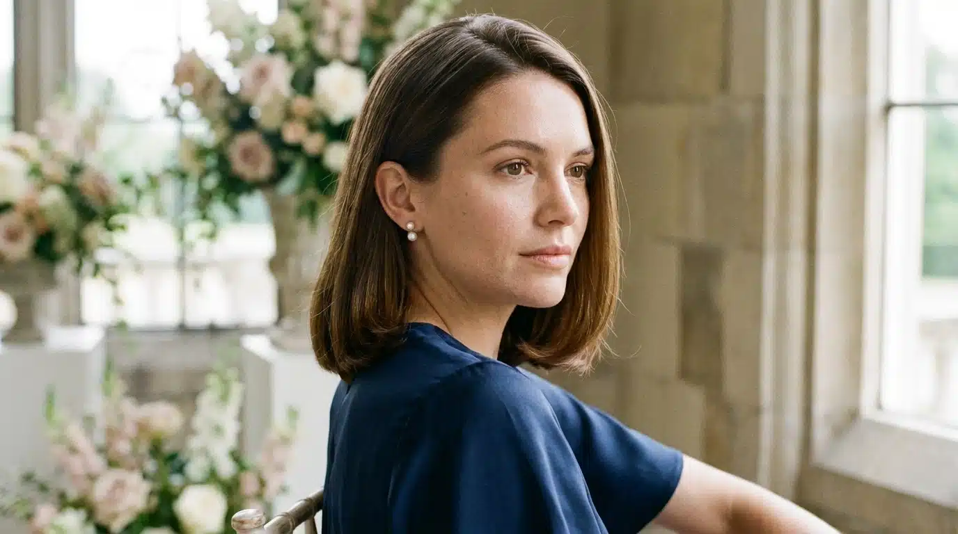 wedding guest with straight shoulder length hair tucked behind her ears seated near soft floral arrangements nearby