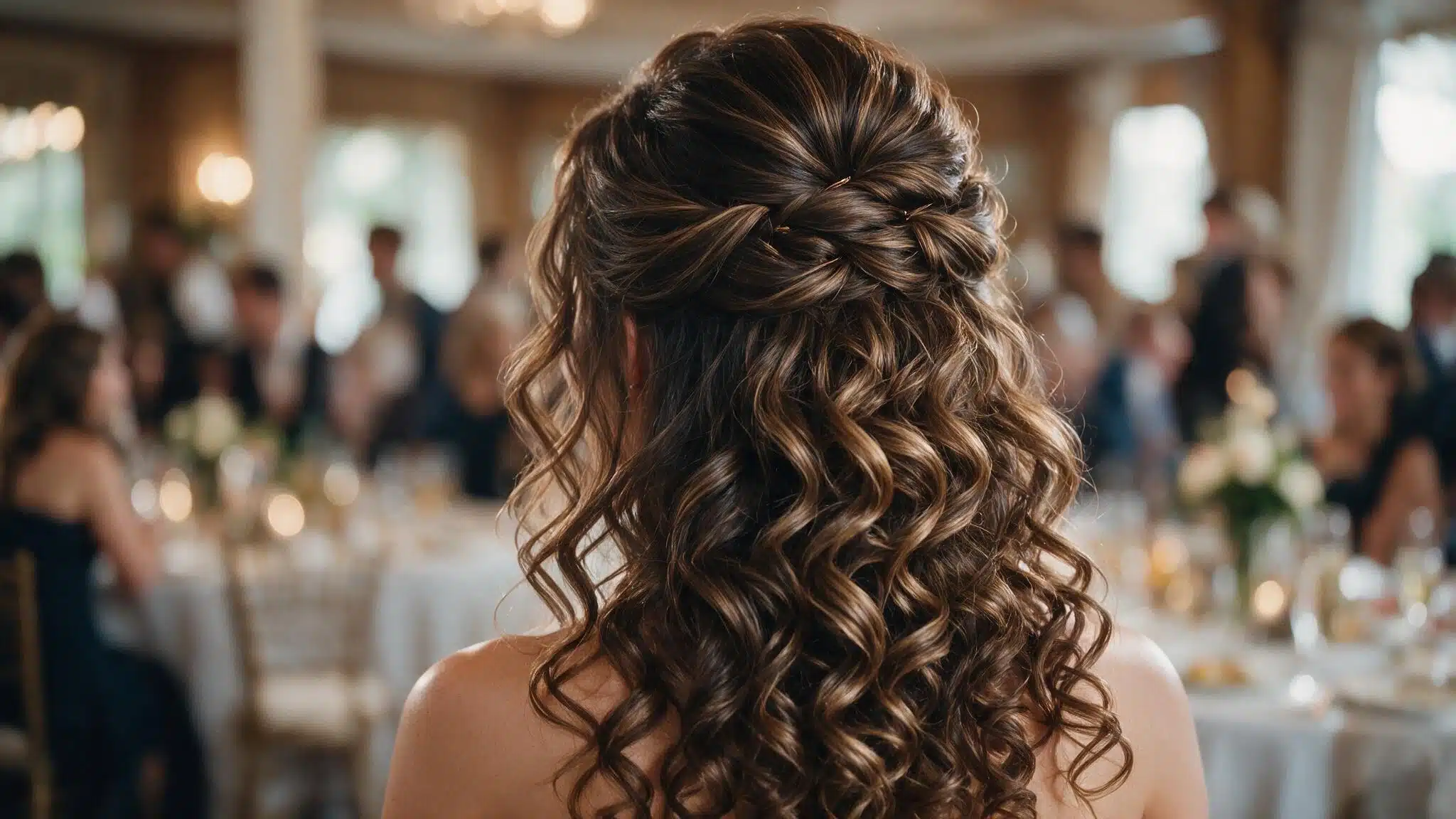 wedding guest with voluminous half up curls and softly lifted hair at the crown