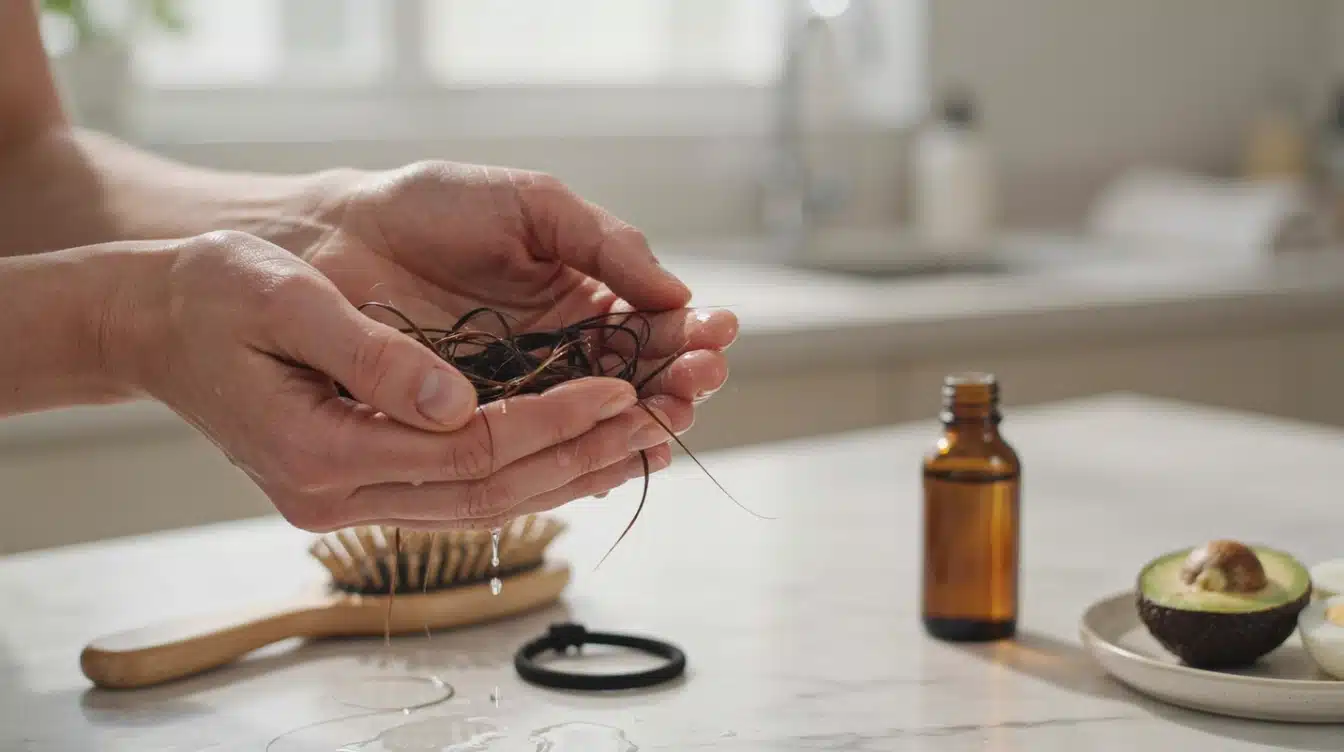 wet hands holding shed hair beside a hairbrush and wellness items