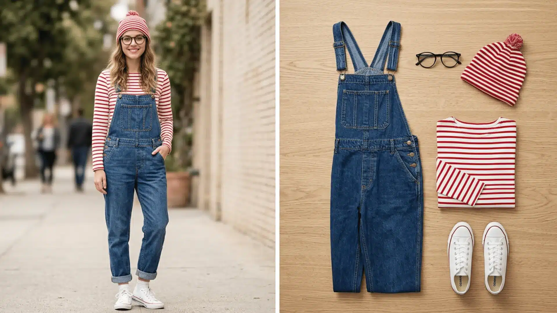 Where’s Waldo remix with overalls, striped shirt, glasses, and beanie