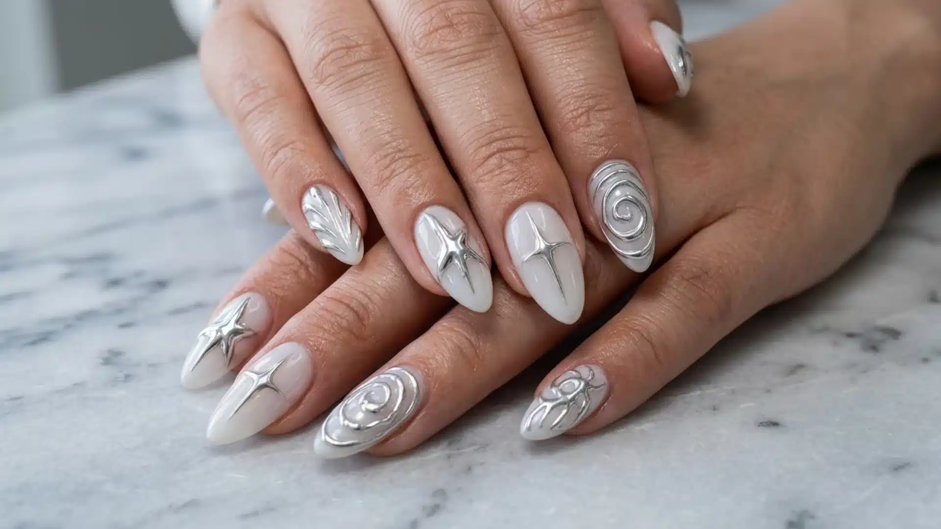 white almond nails with silver chrome 3d art designs and raised metallic details on hands over marble surface