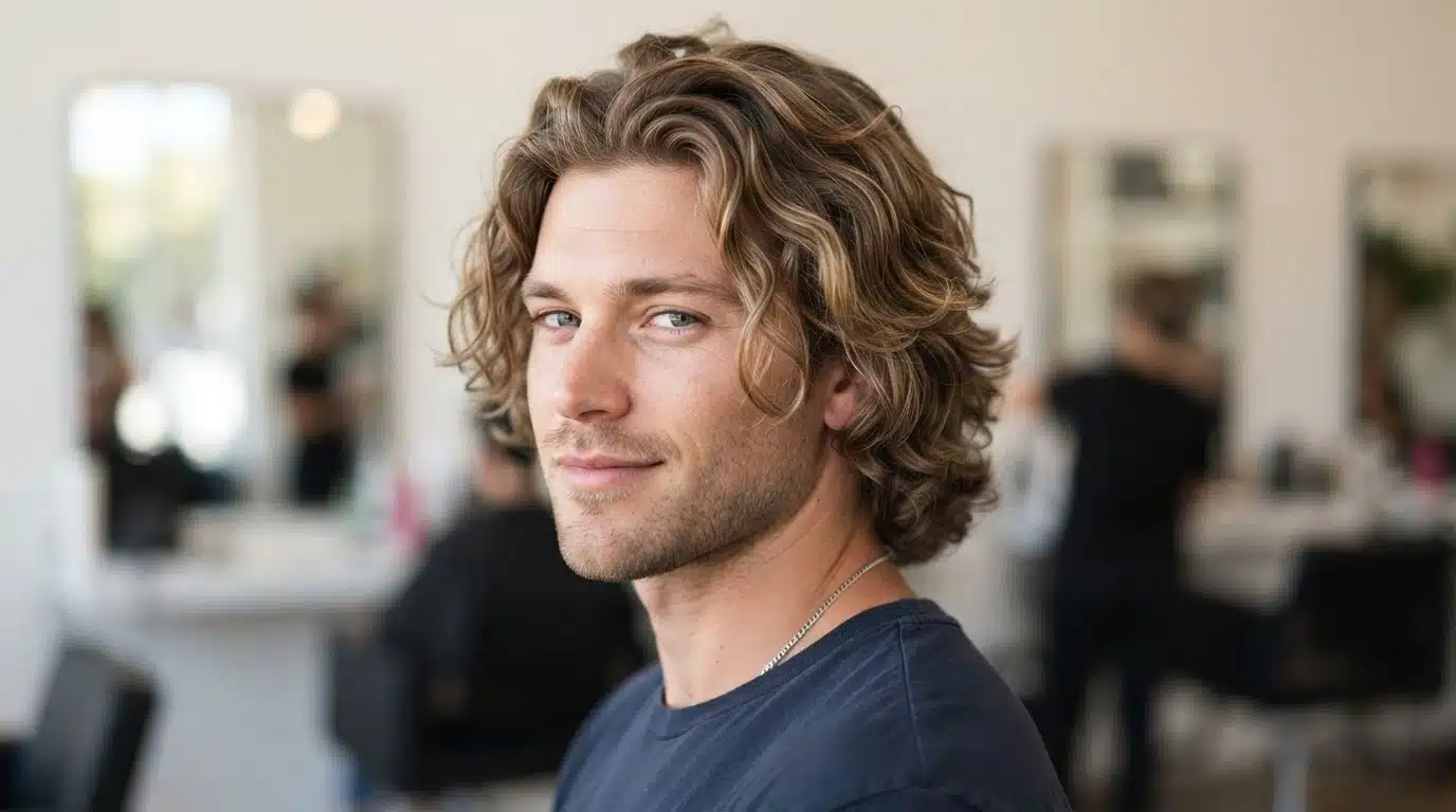 white american man with beach inspired body wave airy volume and loose bends in salon