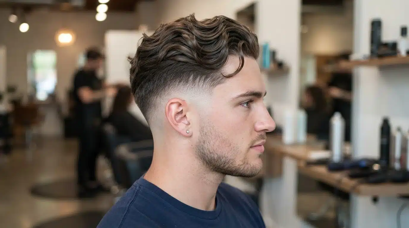 white american man with body wave perm and low fade loose waves with clean sides in salon