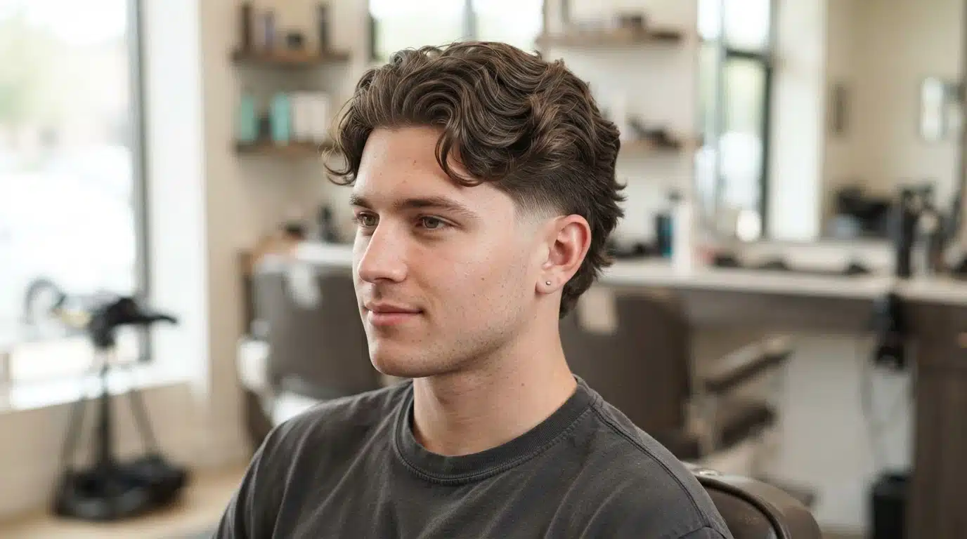 white american man with body wave perm and low taper soft waves with neat sides in salon
