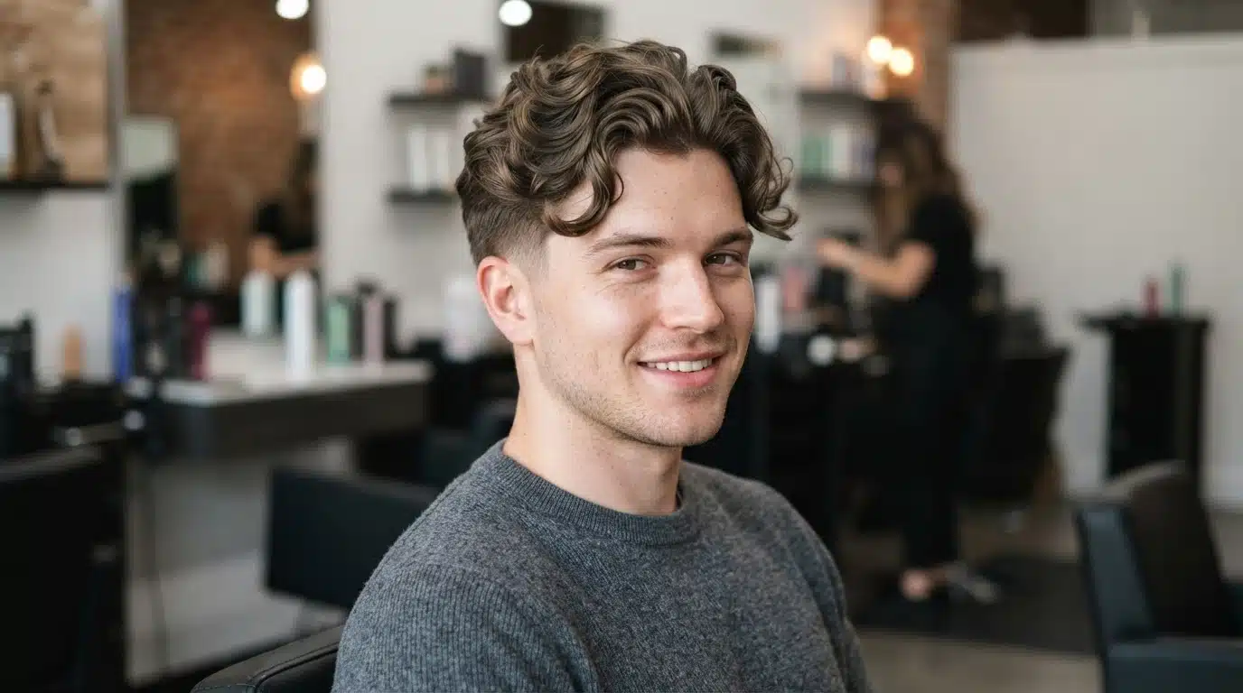 white american man with classic body wave perm soft bends and crown volume in salon