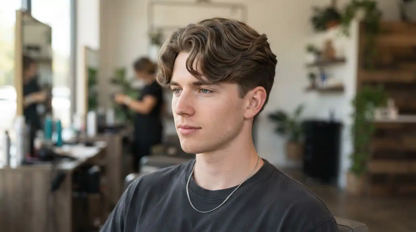 white american man with korean inspired soft wave controlled fringe and volume in salon